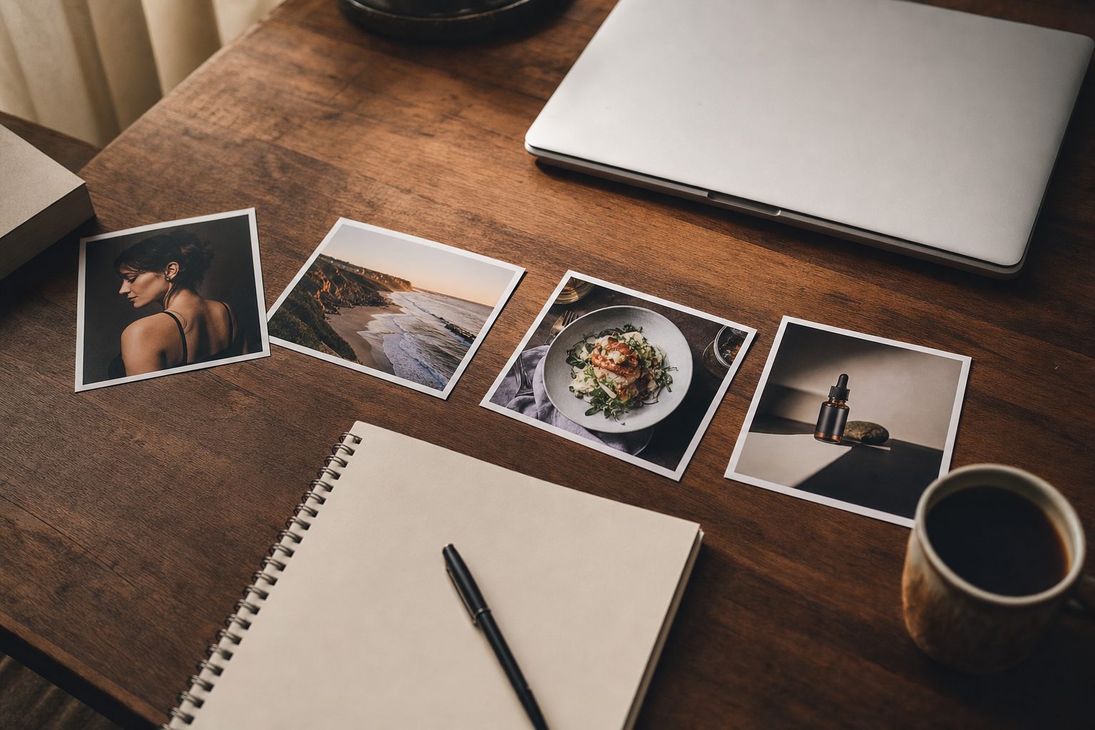 A desk mid-decision with a closed laptop and printed photos spread out, the buyer's-survey moment before picking an AI alt text generator.