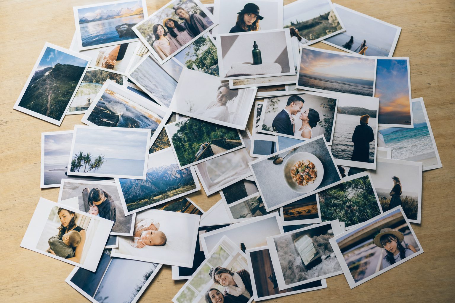A messy overhead pile of printed photographs, the disorganized library an AI photo organizer makes searchable.