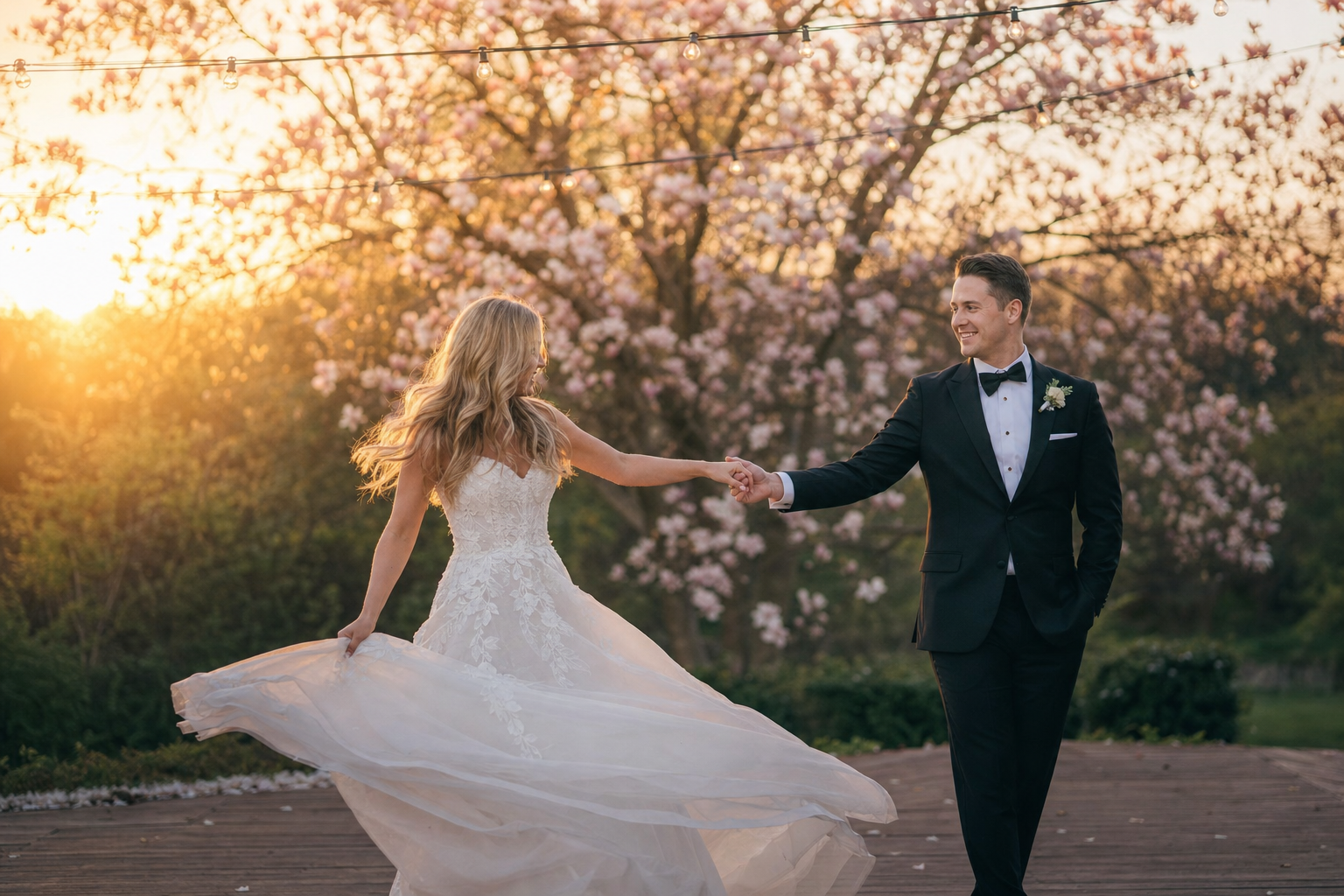 A bride and groom mid first-dance at sunset under a flowering magnolia tree, with warm string lights overhead and golden-hour light catching the bride's white dress.