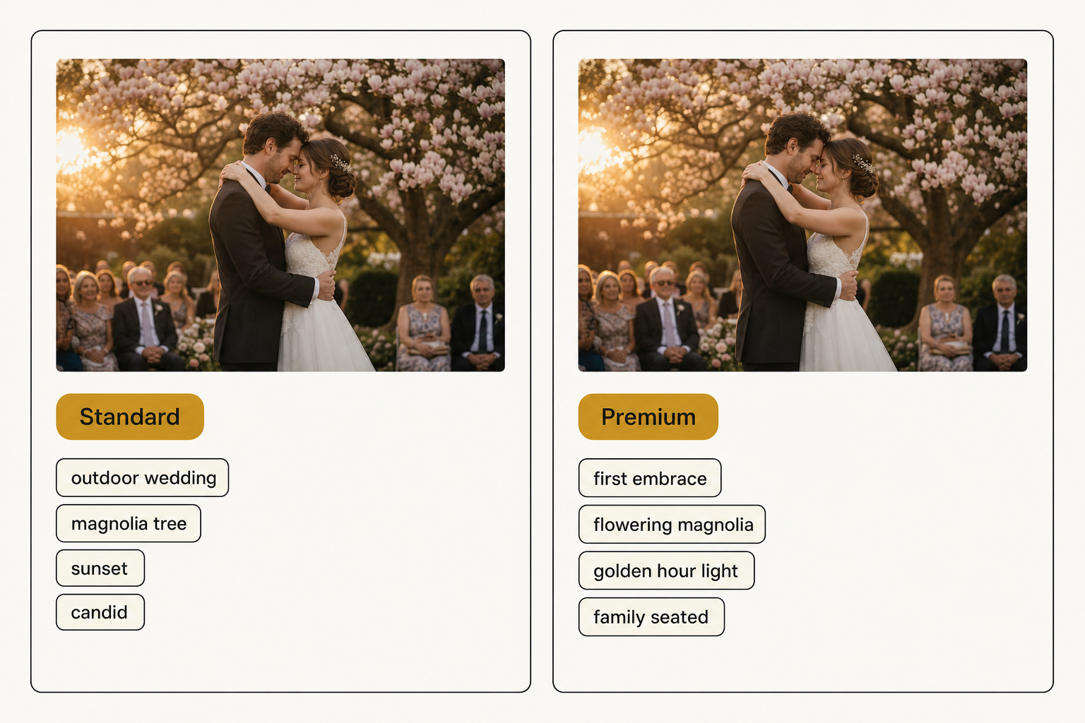 Side-by-side comparison of Standard tier output (short structured tags) and Premium tier output (editorial alt-text prose) for the same wedding photo of a couple under a magnolia tree.