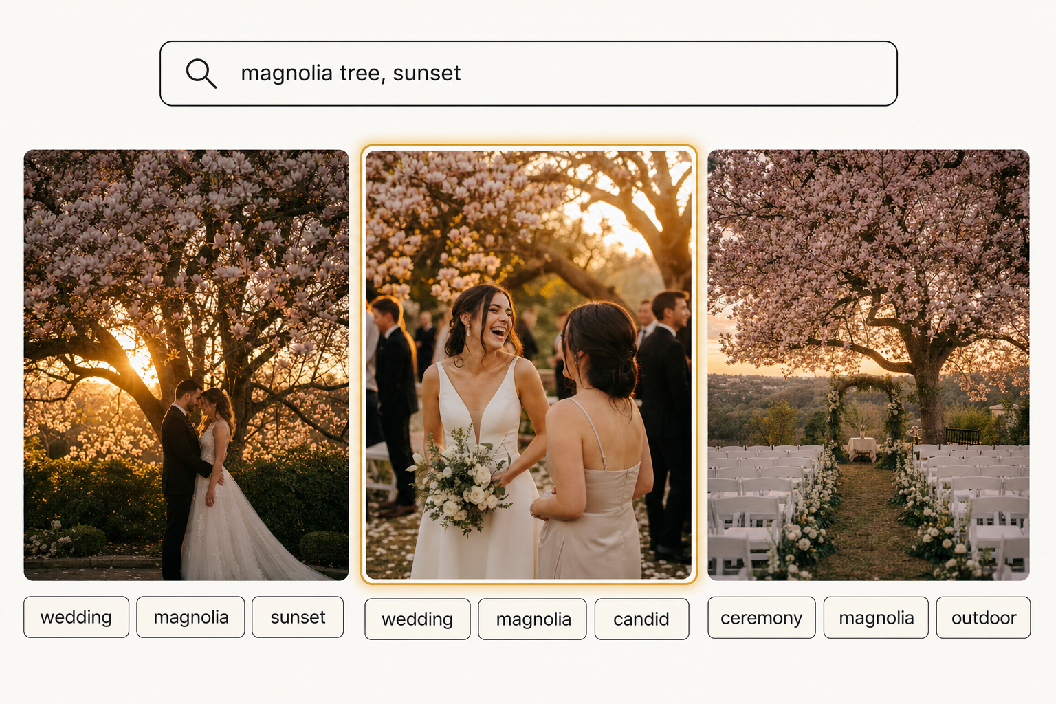 A stylized search interface showing the query "magnolia tree, sunset" and three matching wedding photo thumbnails arranged horizontally, with the center thumbnail highlighted by a warm amber glow ring to indicate the top focal-subject match.