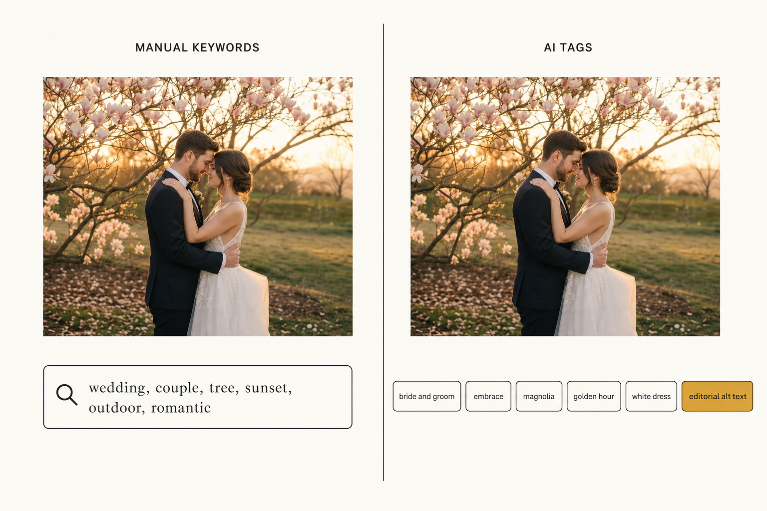 A split-screen comparison: a Lightroom keyword field with hand-typed words on the left, a row of AI-generated tag pills on the right, both labeling the same photograph.