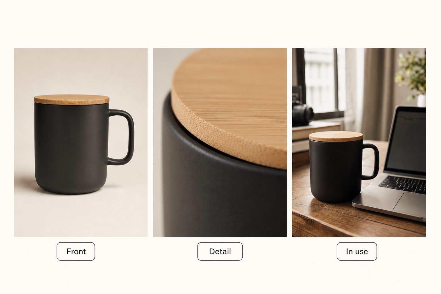 The same black ceramic mug shown from three angles, labeled front, detail, and in use, each needing its own alt text.