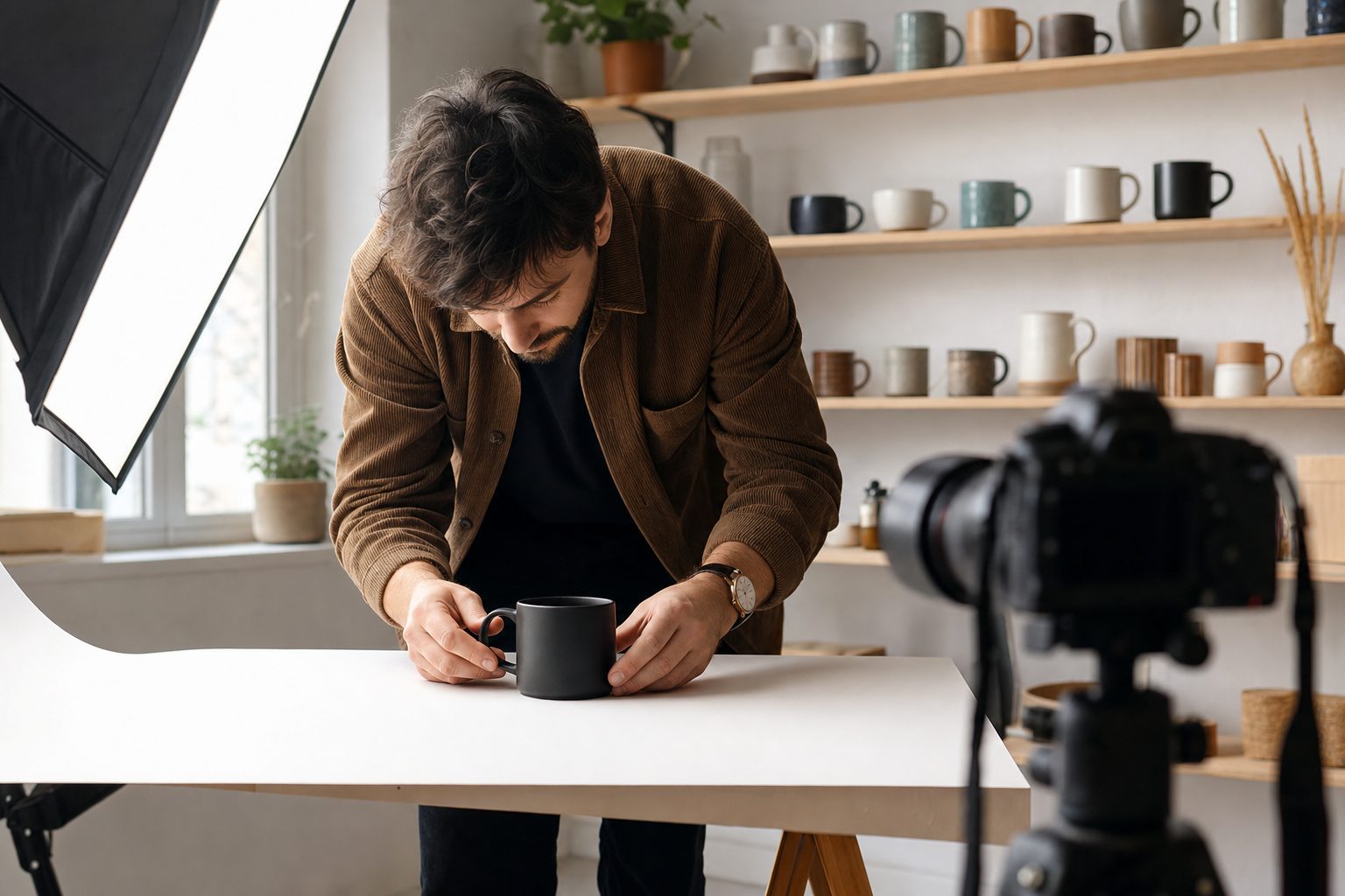 A product photographer shooting ceramic mugs in a small studio, the kind of catalog that needs alt text for product images.
