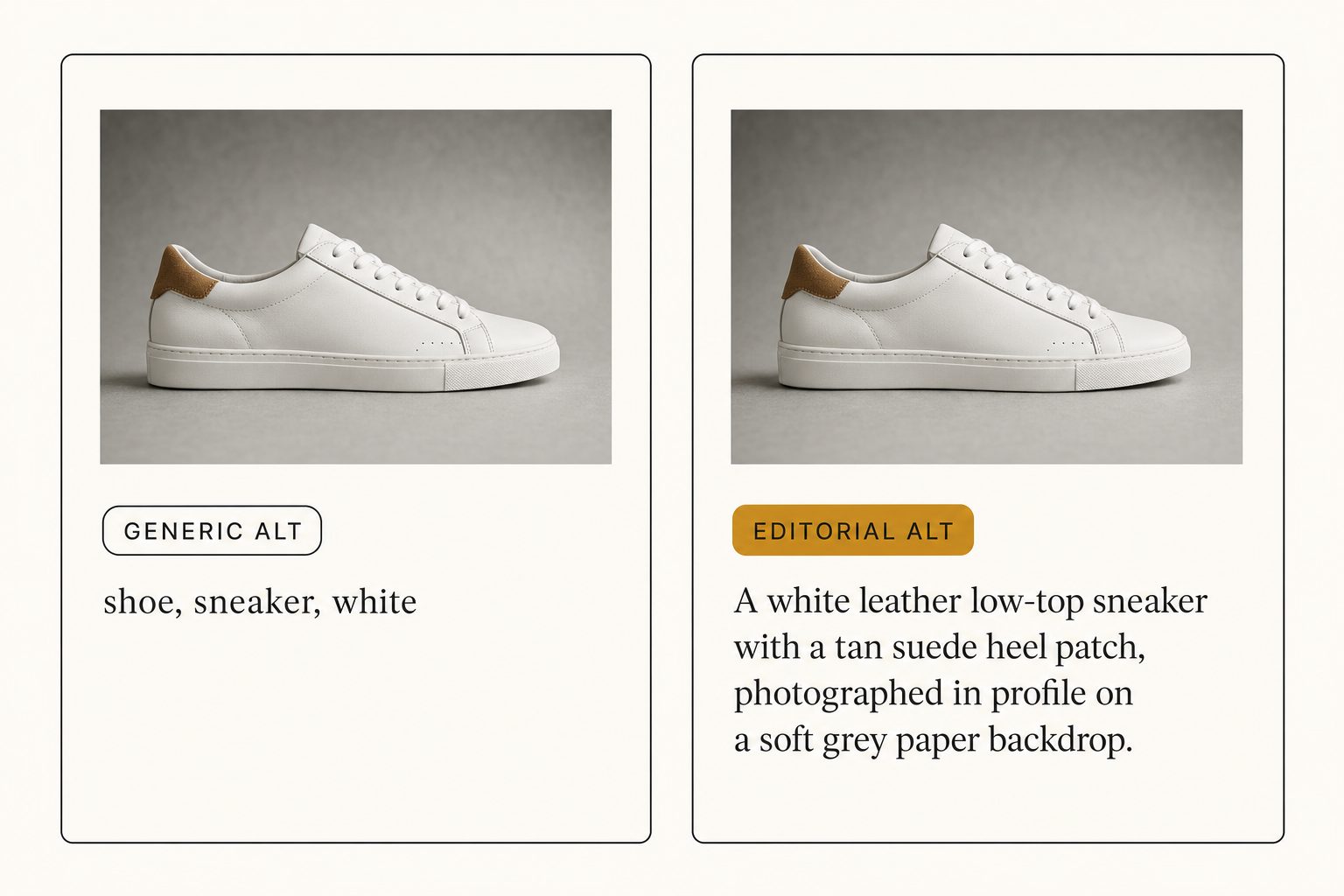 A side-by-side comparison of generic comma-separated tag alt text against editorial-grade single-sentence alt text for the same product photograph.