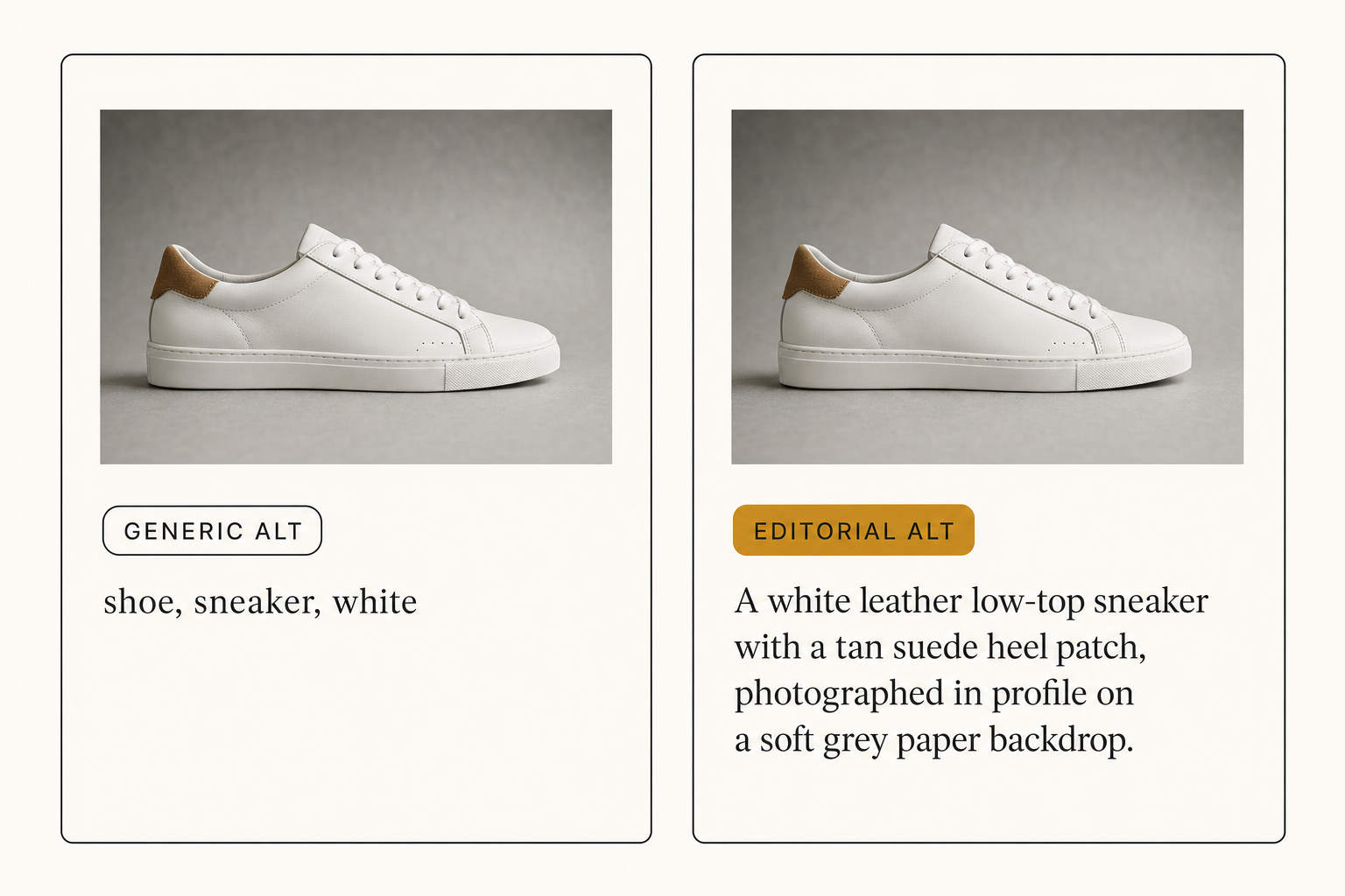 A side-by-side comparison of generic comma-separated tag alt text against editorial-grade single-sentence alt text for the same product photograph.