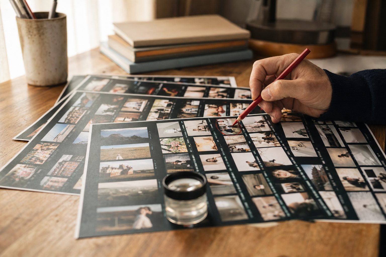 A photo editor's desk with printed contact sheets, the manual starting point that automatic photo keywords replace.
