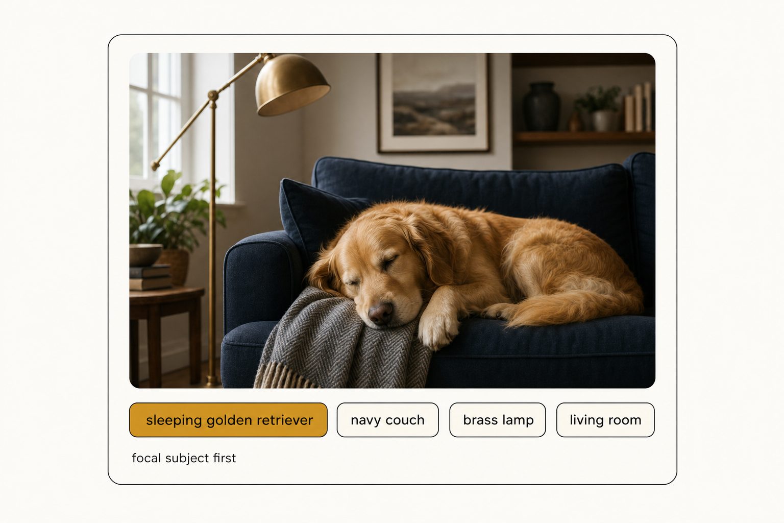 Automatic photo keywords for a dog photo with the focal subject keyword ranked first ahead of context keywords.