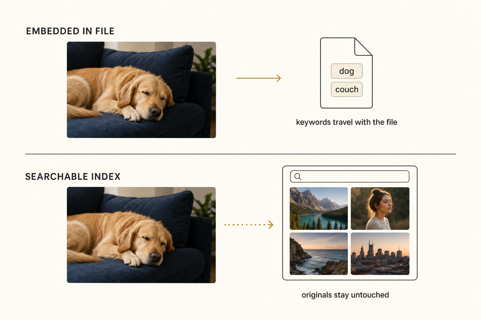 Diagram comparing keywords embedded in the image file via IPTC with keywords stored in a searchable catalog index.