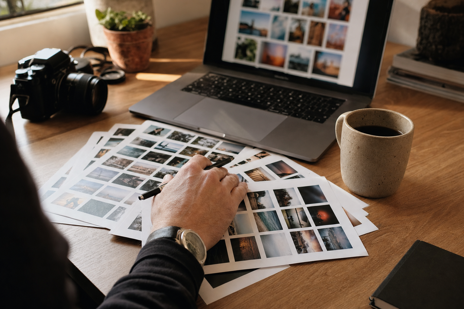 A photo editor compares printed contact sheets beside a laptop photo grid while choosing AI photo tagging software.