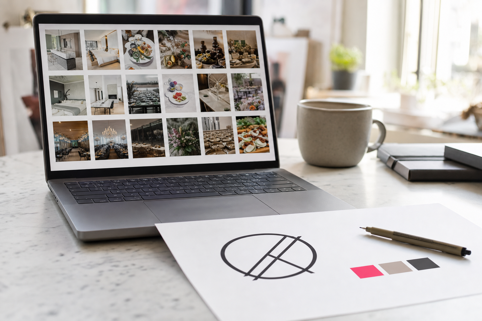 A laptop photo gallery beside printed logo sketches on a studio desk, planning a branded client photo gallery.