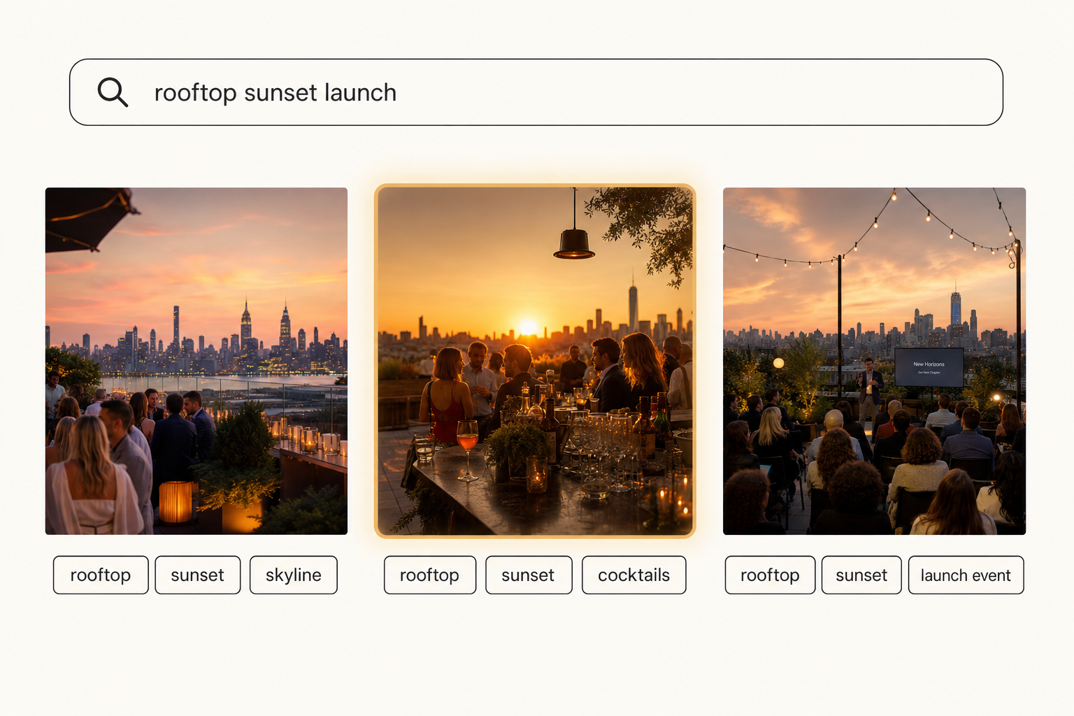 A photo search interface mockup with the query 'rooftop sunset launch' returning three matching event photo cards, each carrying visible cream-colored tag pills.
