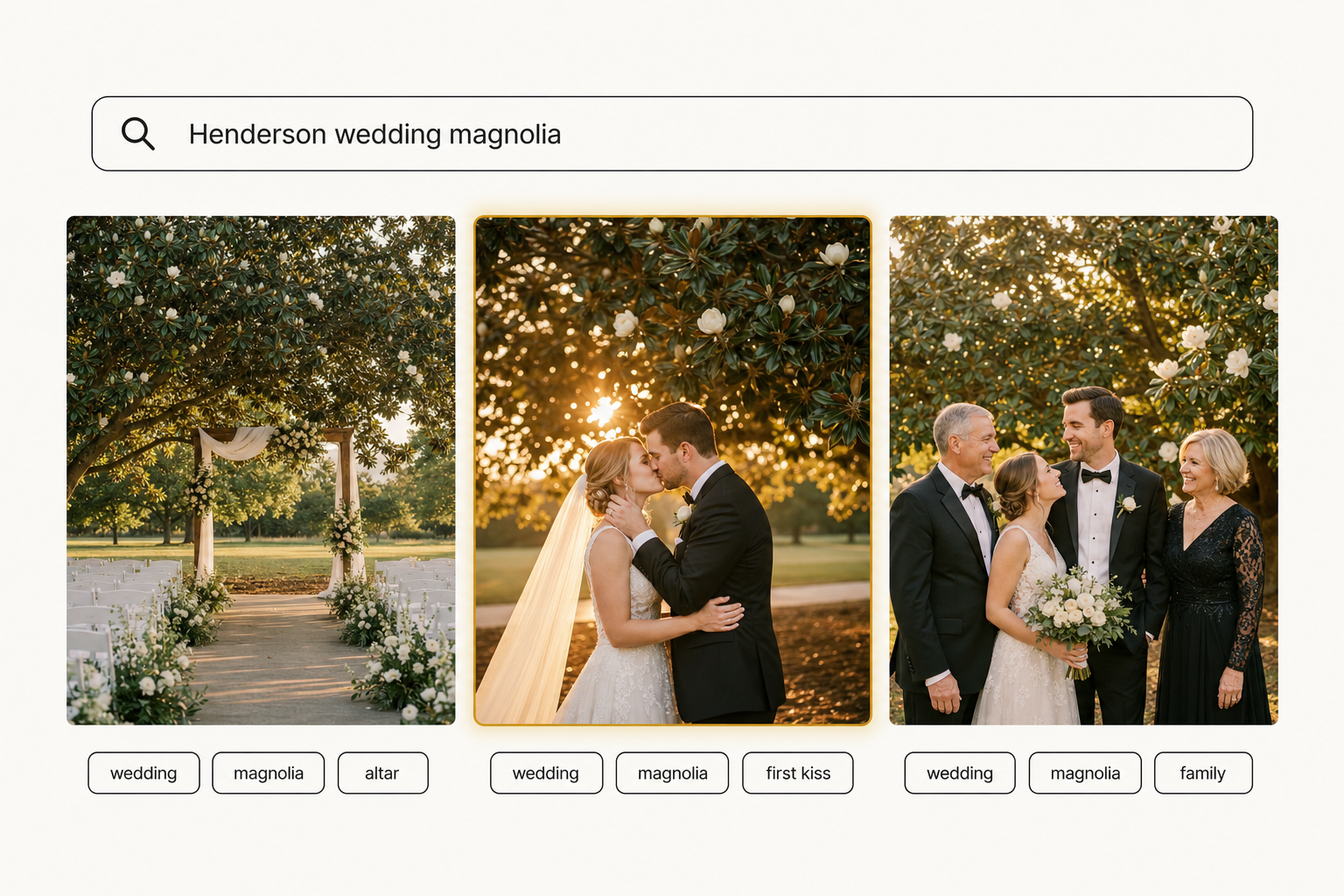 A search UI mockup showing the query "Henderson wedding magnolia" returning three matching wedding photo cards, each with visible tag pills.