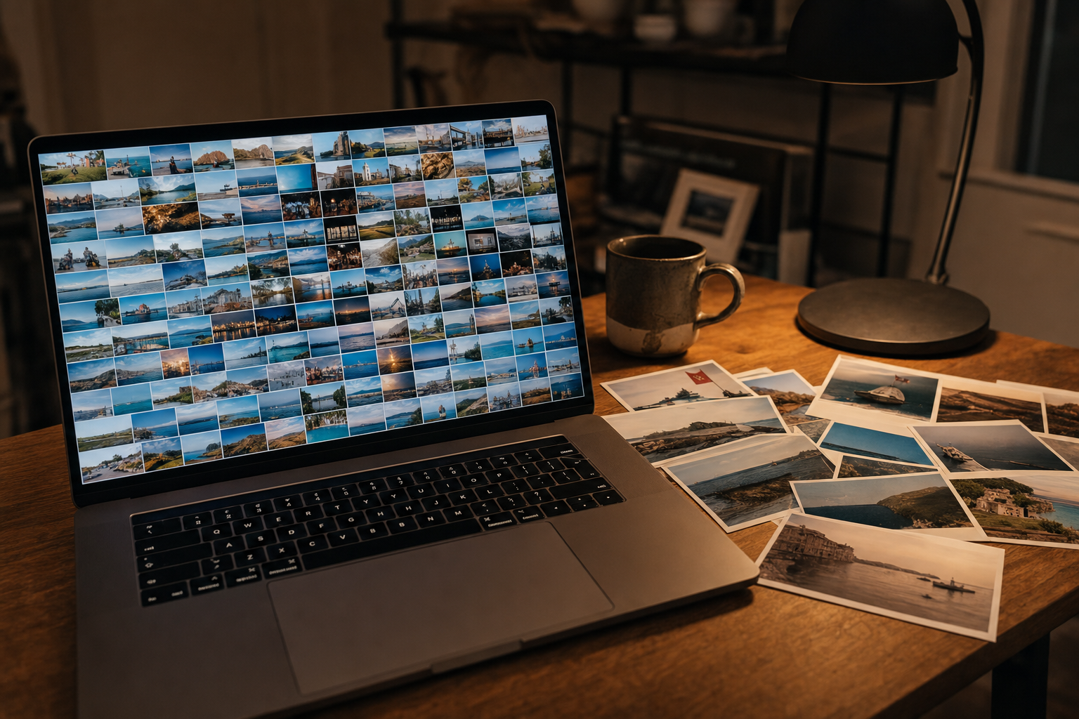 A late-evening desk with a laptop full of photo thumbnails and scattered prints, the pile a ChatGPT user hopes AI can organize.