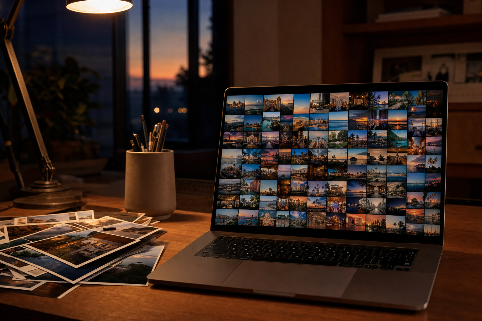 A lamp-lit desk with a laptop full of photo thumbnails beside loose prints, the library a Claude user hopes AI can organize.