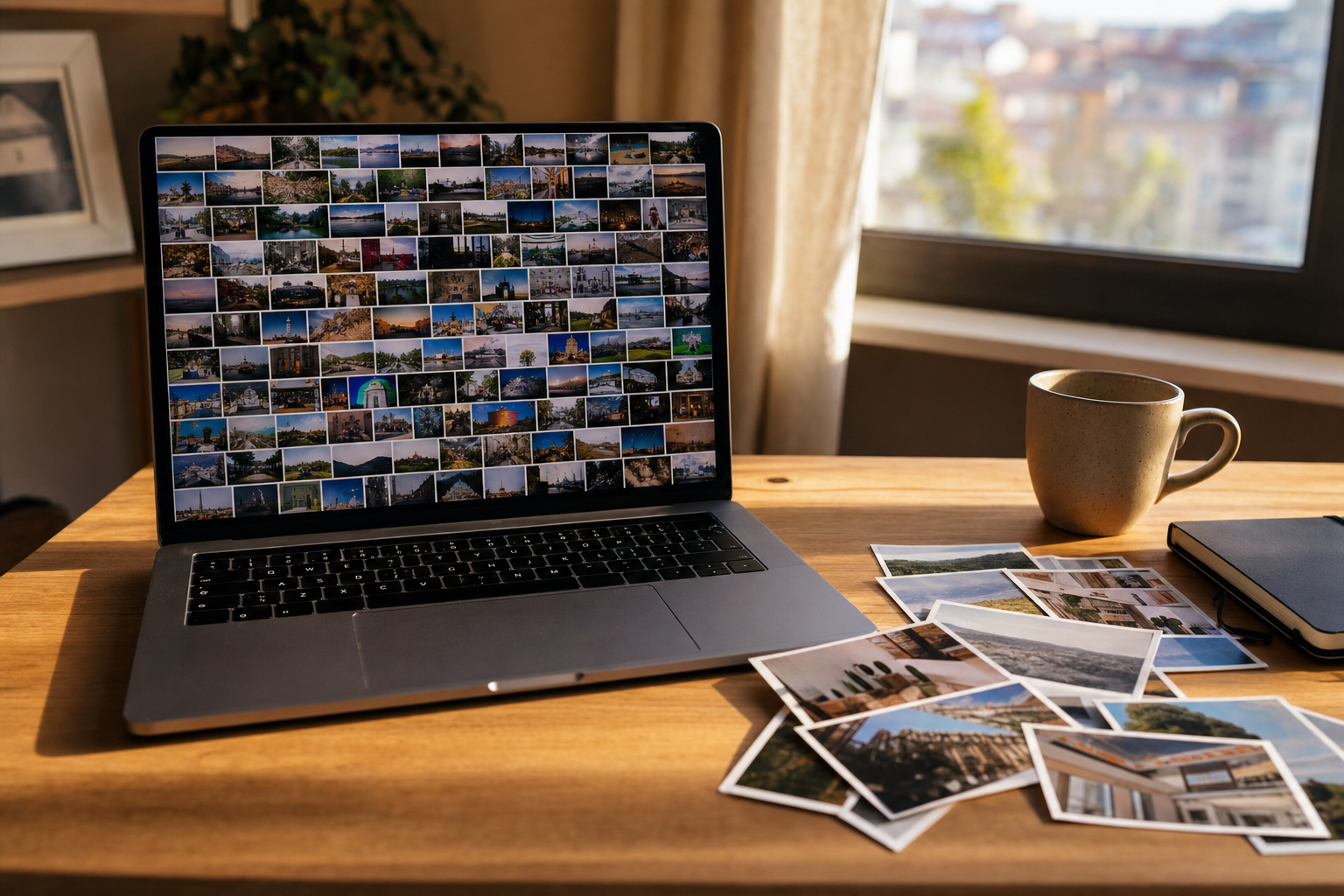 A Windows laptop showing a dense photo grid beside loose prints, the library a Copilot user hopes AI can organize.