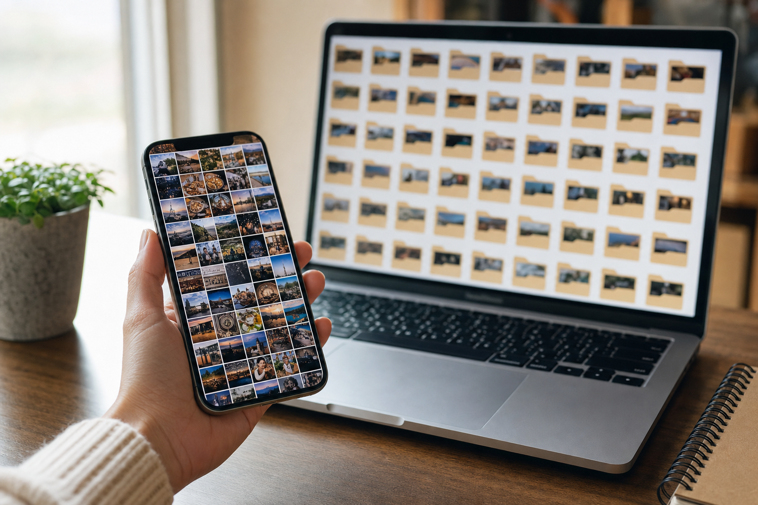A phone showing a dense photo grid beside a laptop of untitled folders, the library a Gemini user hopes AI can organize.