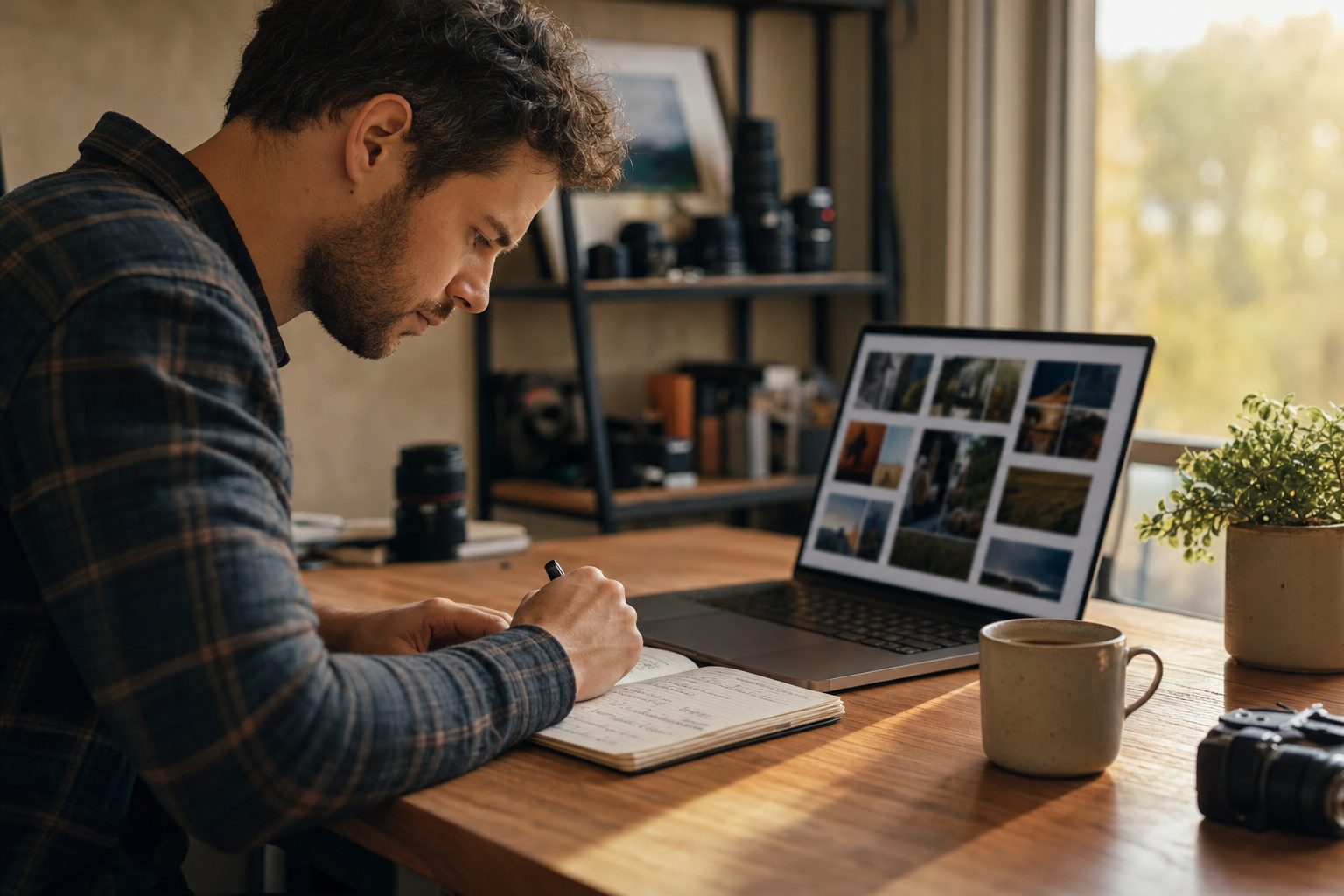 A photographer weighs cheap photo management software options at a desk, notebook beside a laptop showing a photo grid.