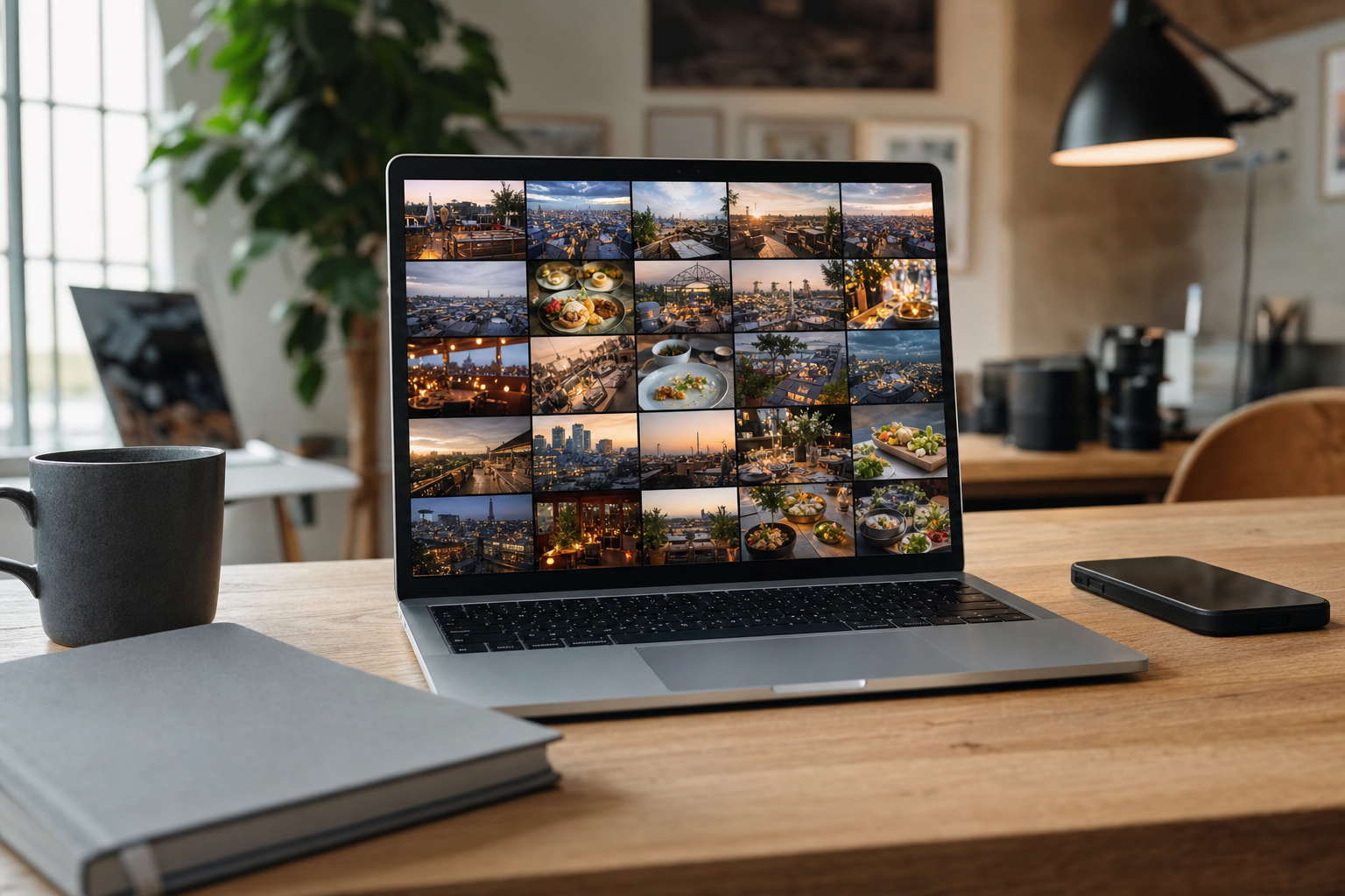 A studio desk with a laptop showing a photo grid, the library to connect to Claude for real photo search.