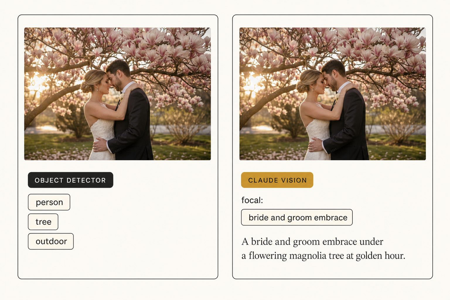 Side-by-side comparison of Google Vision generic object labels and Claude vision focal-subject plus editorial alt-text output for the same wedding photograph.