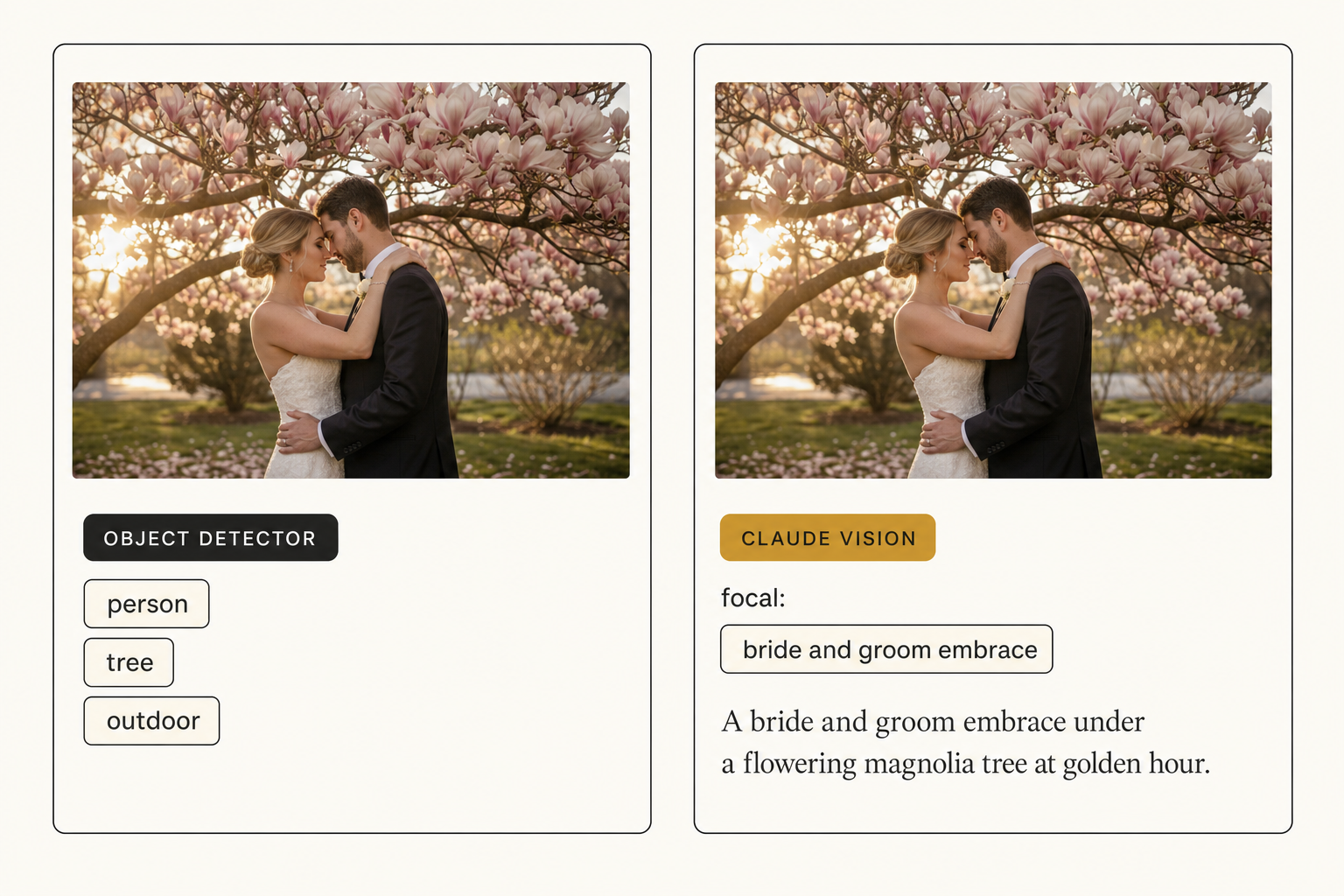 Side-by-side comparison of Google Vision generic object labels and Claude vision focal-subject plus editorial alt-text output for the same wedding photograph.