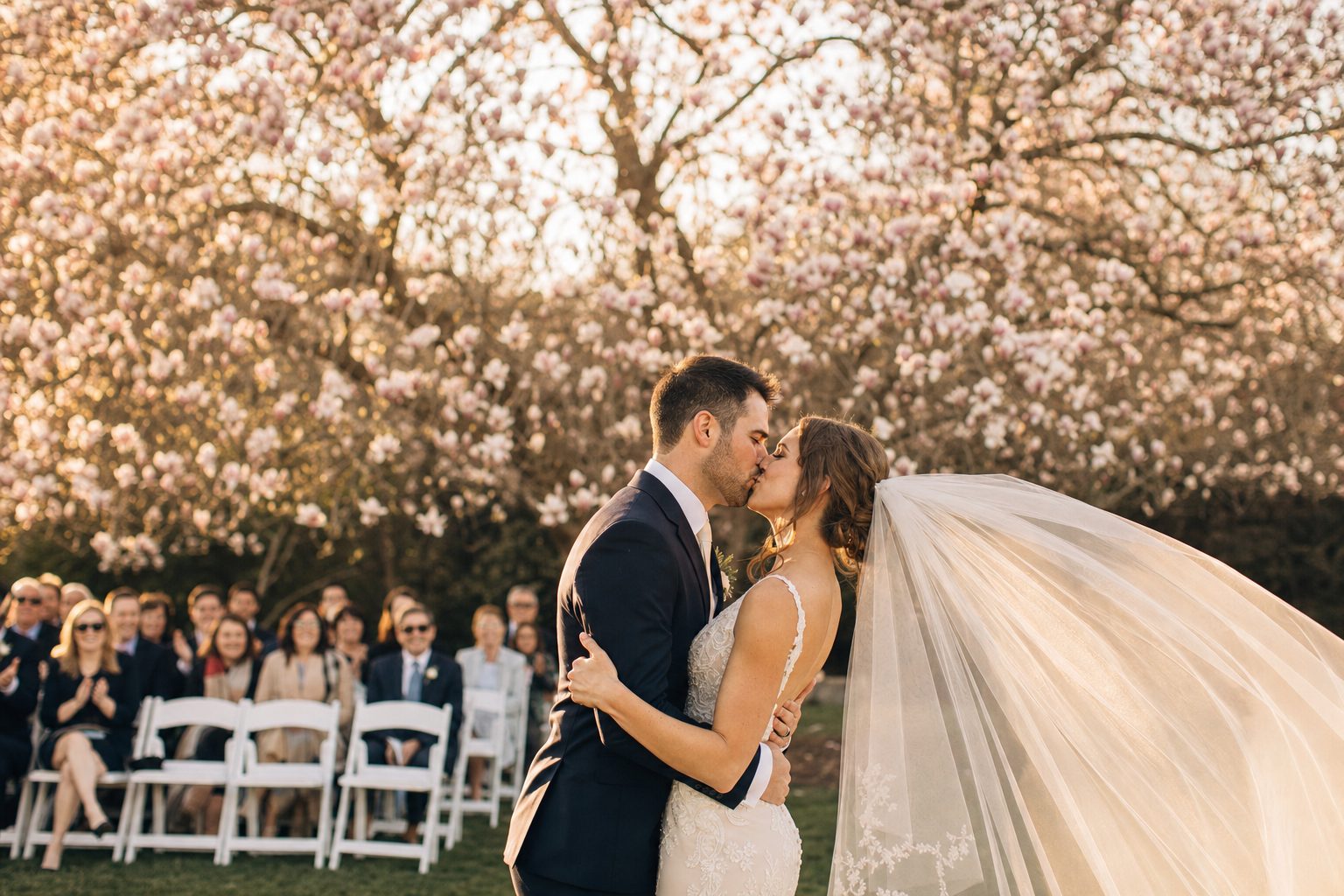A magazine-grade wedding photograph annotated with the focal subject and surrounding context labels that Claude vision photo tagging emits for an image catalog.