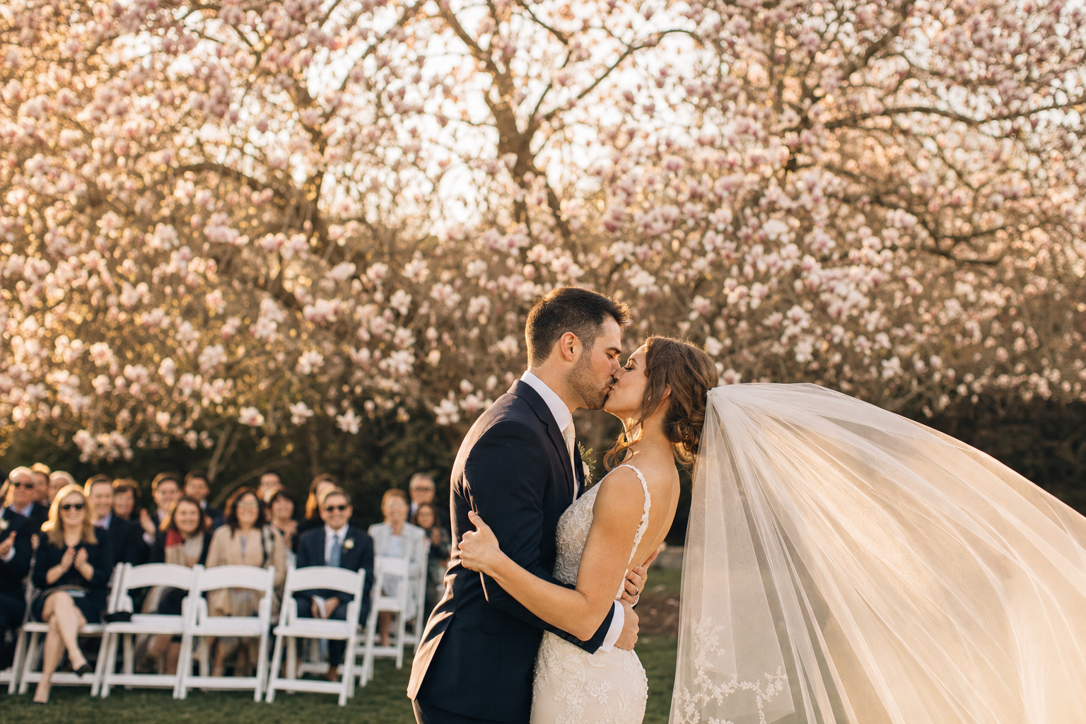A magazine-grade wedding photograph annotated with the focal subject and surrounding context labels that Claude vision photo tagging emits for an image catalog.