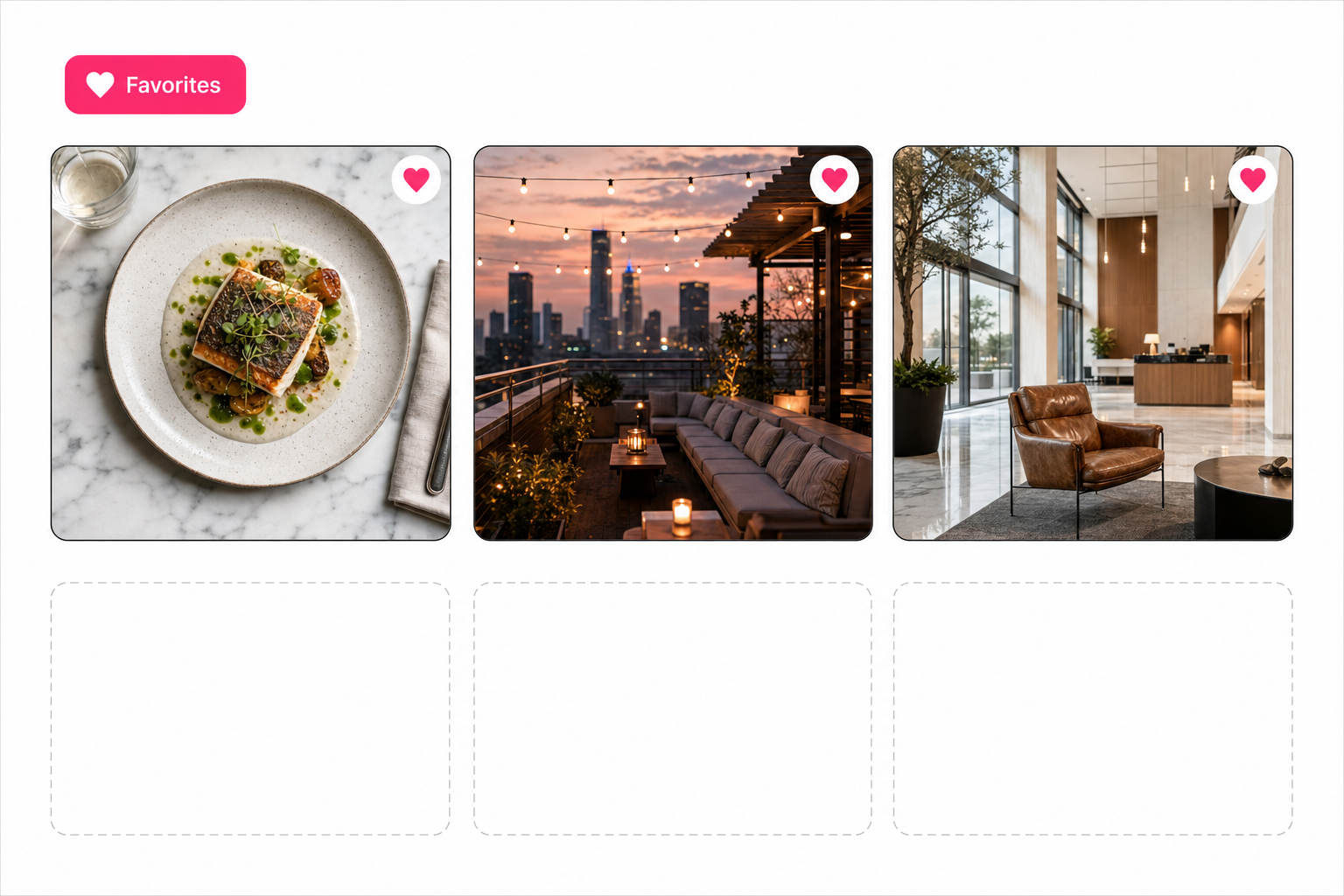 A client gallery filtered to Favorites, showing three hearted photos selected from a larger grid.