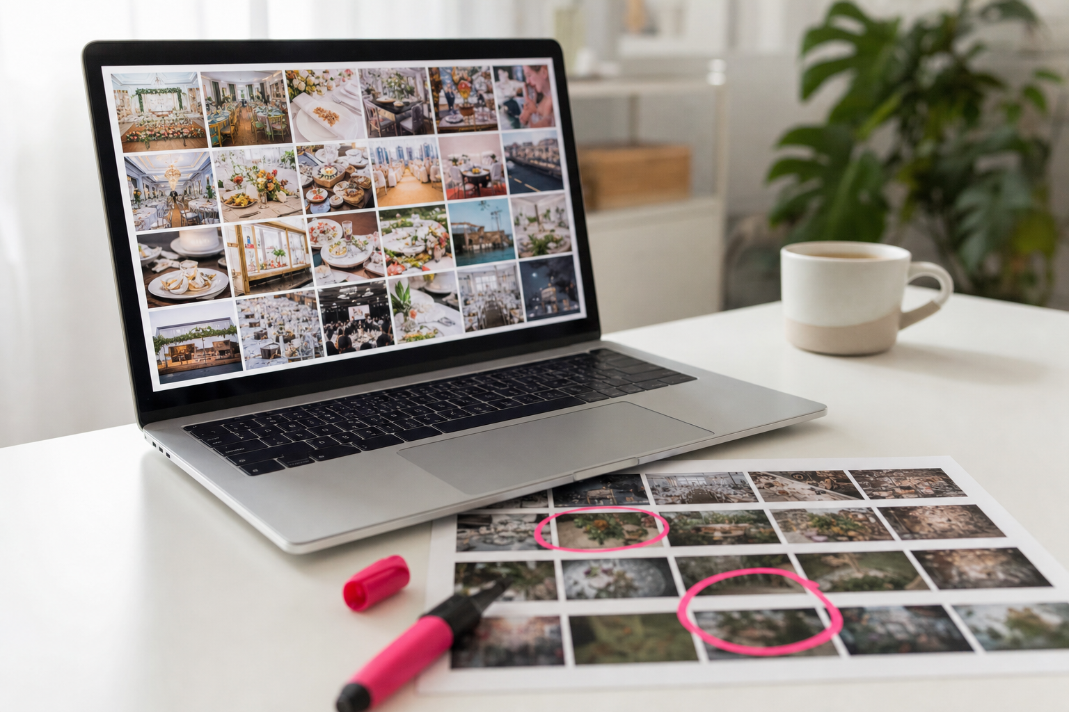 A client reviewing a photo gallery on a laptop beside a printed contact sheet with favorites circled in pink marker.