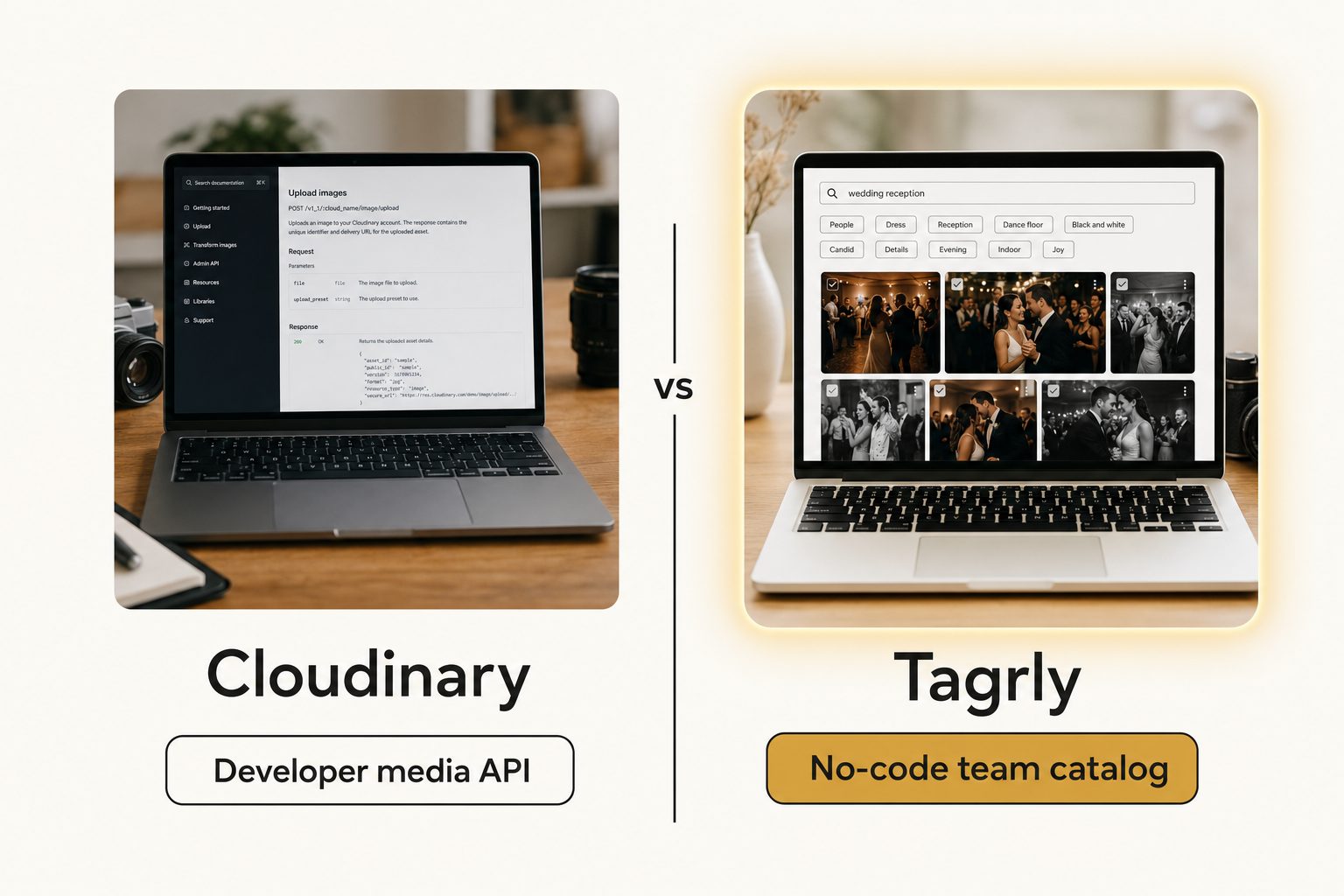 A side-by-side card weighing Cloudinary, a developer media API, against Tagrly, a no-code team photo catalog.