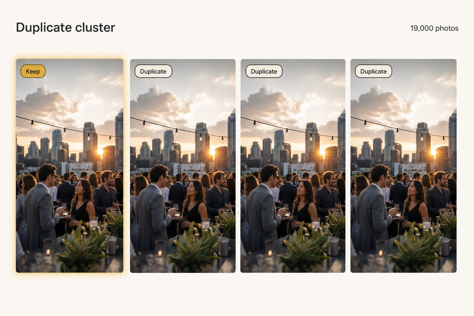 Tagrly duplicate-detection panel: four near-identical event photos, a Keep badge on the sharpest frame and Duplicate badges on the rest, in a 19,000-photo library.