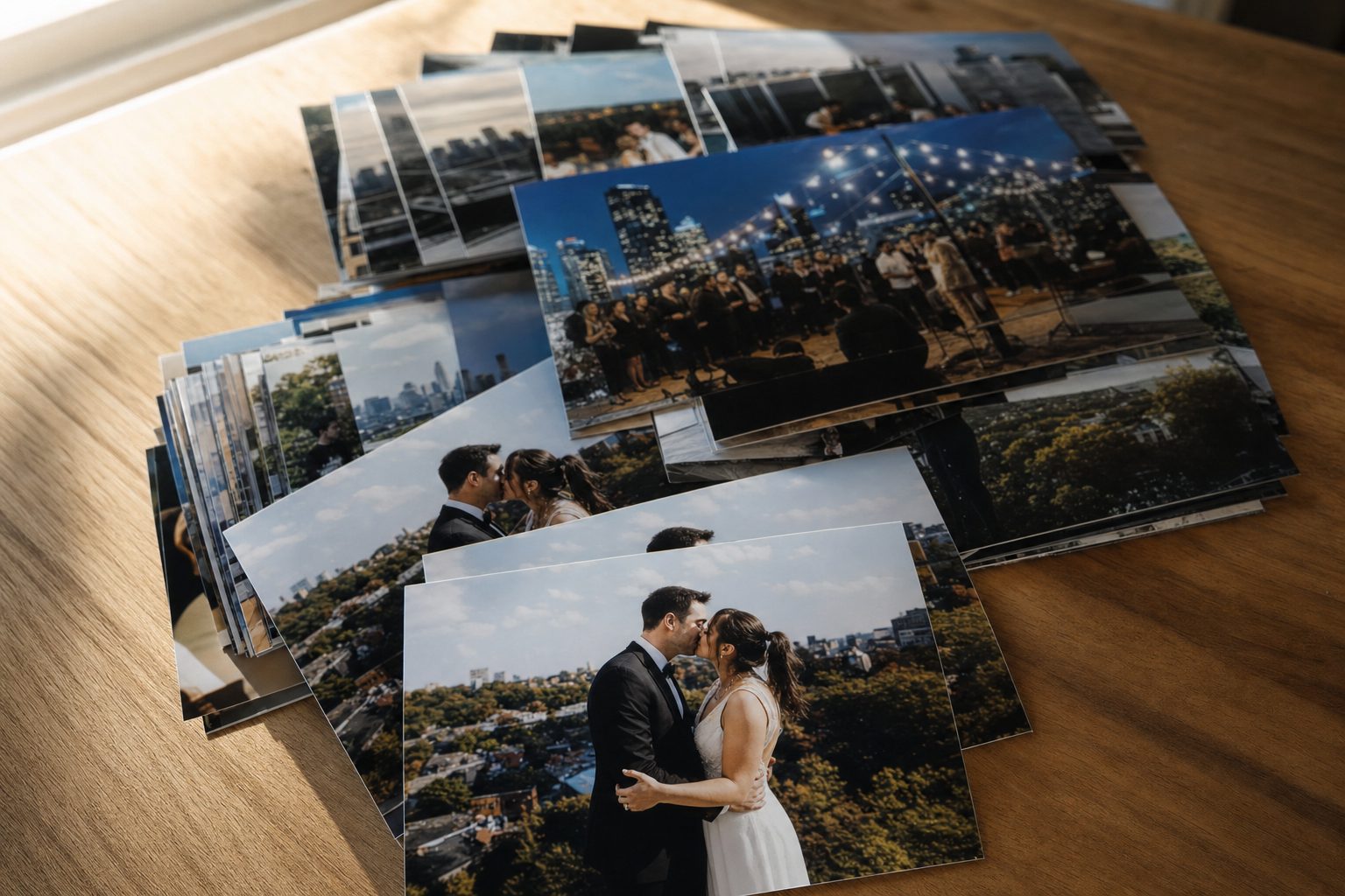 A messy stack of glossy photo prints with several near-identical duplicates fanned out, the clutter of a photo library that needs deduplication.