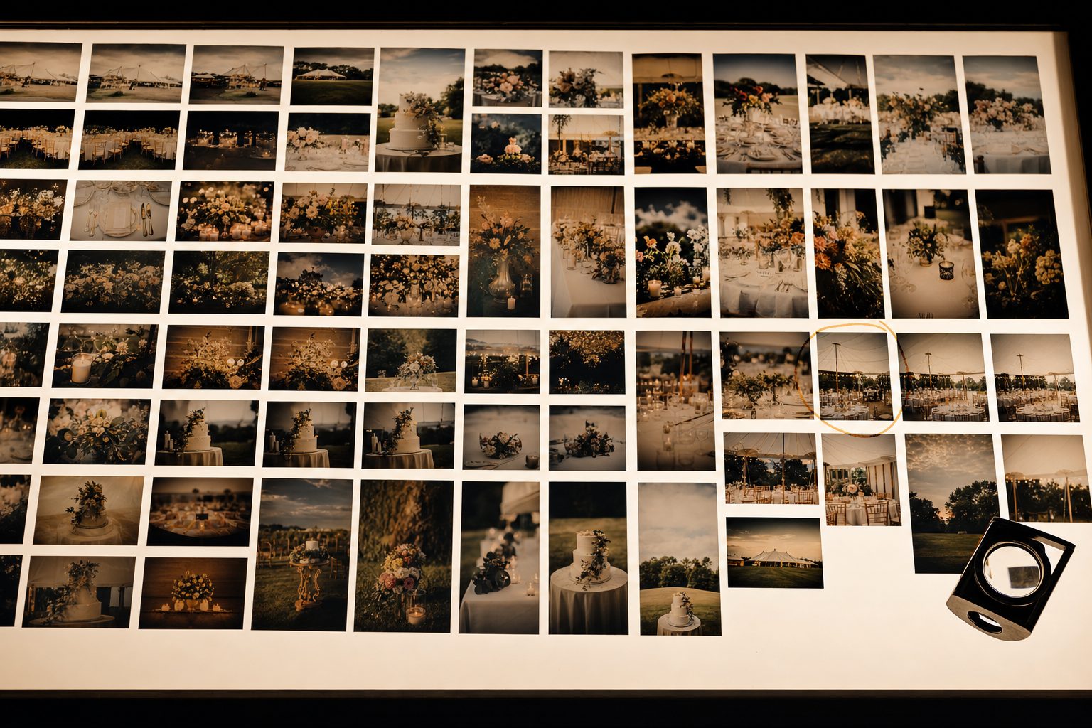 A light table covered in photo prints with one ringed in amber, the shot Dropbox photo search cannot surface.