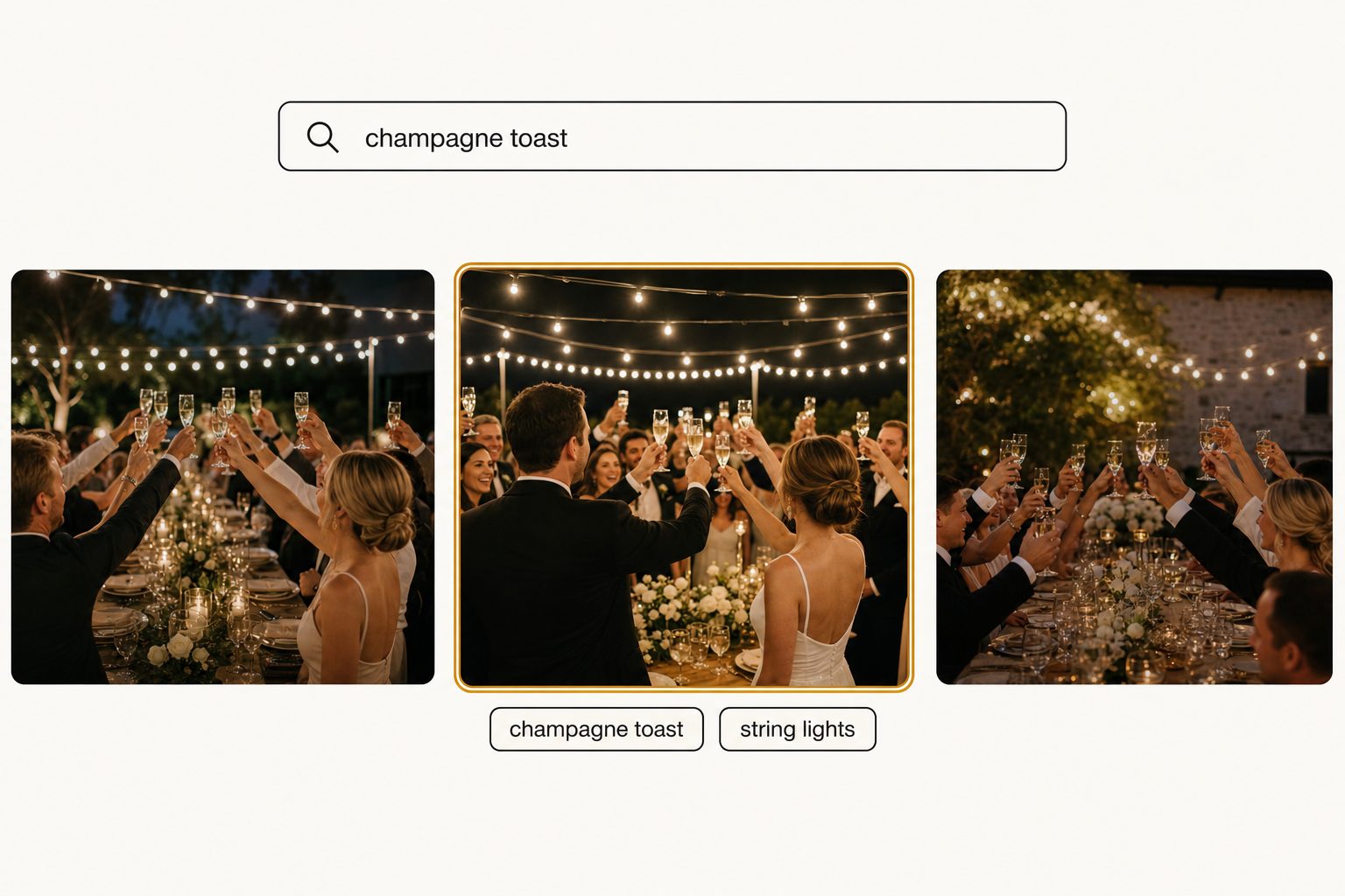 Tagrly search interface showing the typed query "champagne toast" returning three matching event photos, the center one ringed in amber as the top focal-subject match.