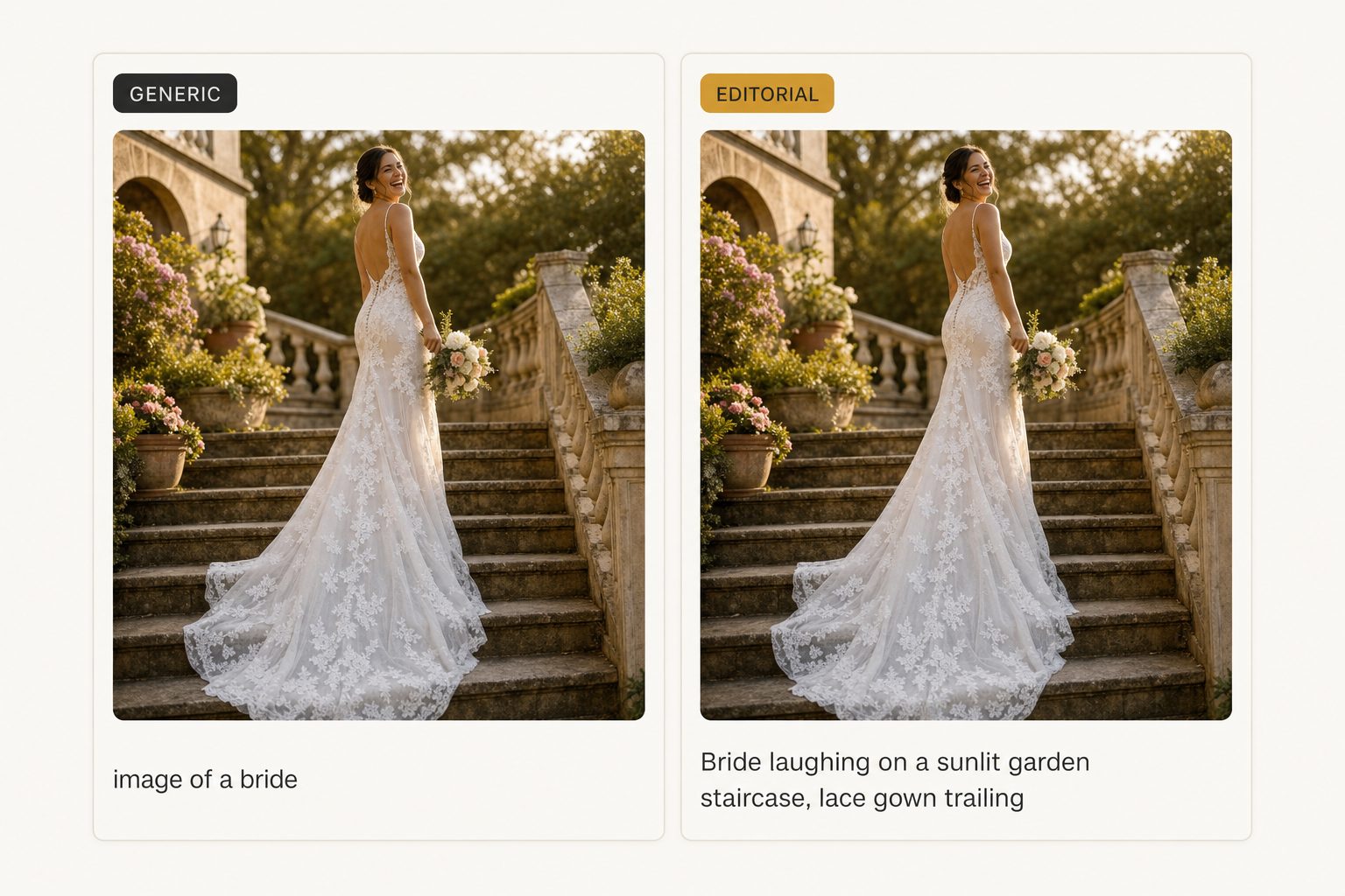 Two side-by-side cards showing the same wedding photo, one labeled GENERIC with the alt text "image of a bride" and one labeled EDITORIAL with a full descriptive sentence.