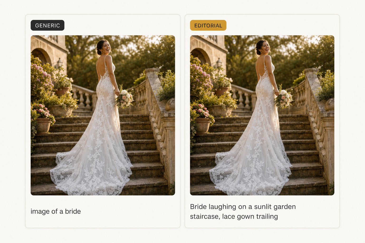 Two side-by-side cards showing the same wedding photo, one labeled GENERIC with the alt text "image of a bride" and one labeled EDITORIAL with a full descriptive sentence.
