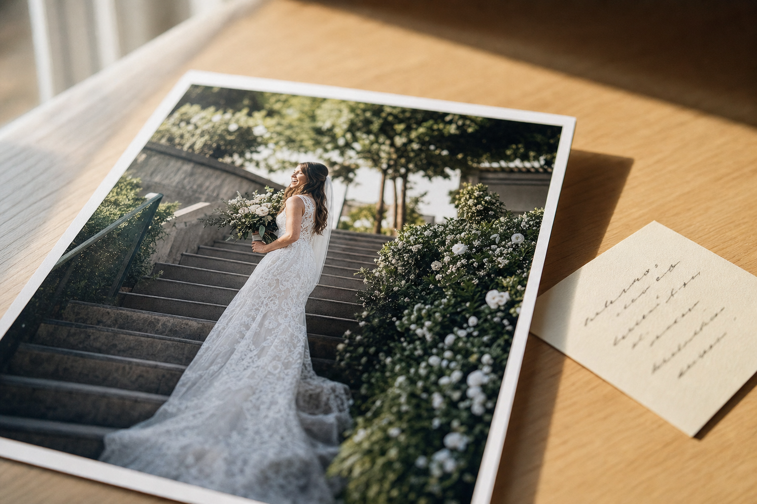 A printed wedding photo beside a handwritten caption card, illustrating editorial alt text written as a real sentence.
