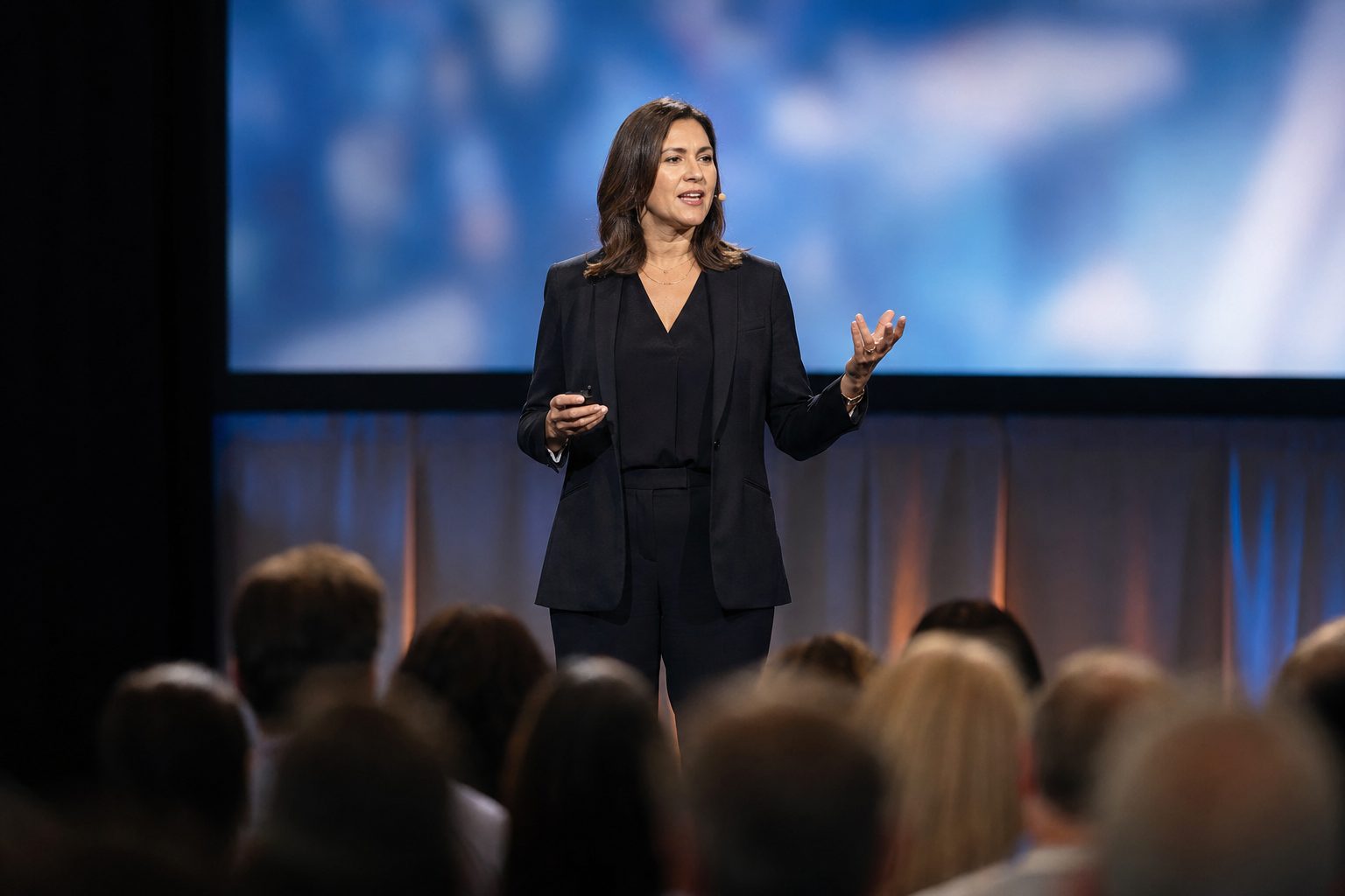 A keynote speaker on a brightly lit conference stage gesturing to a large audience, the kind of shot an event photography photo delivery covers.