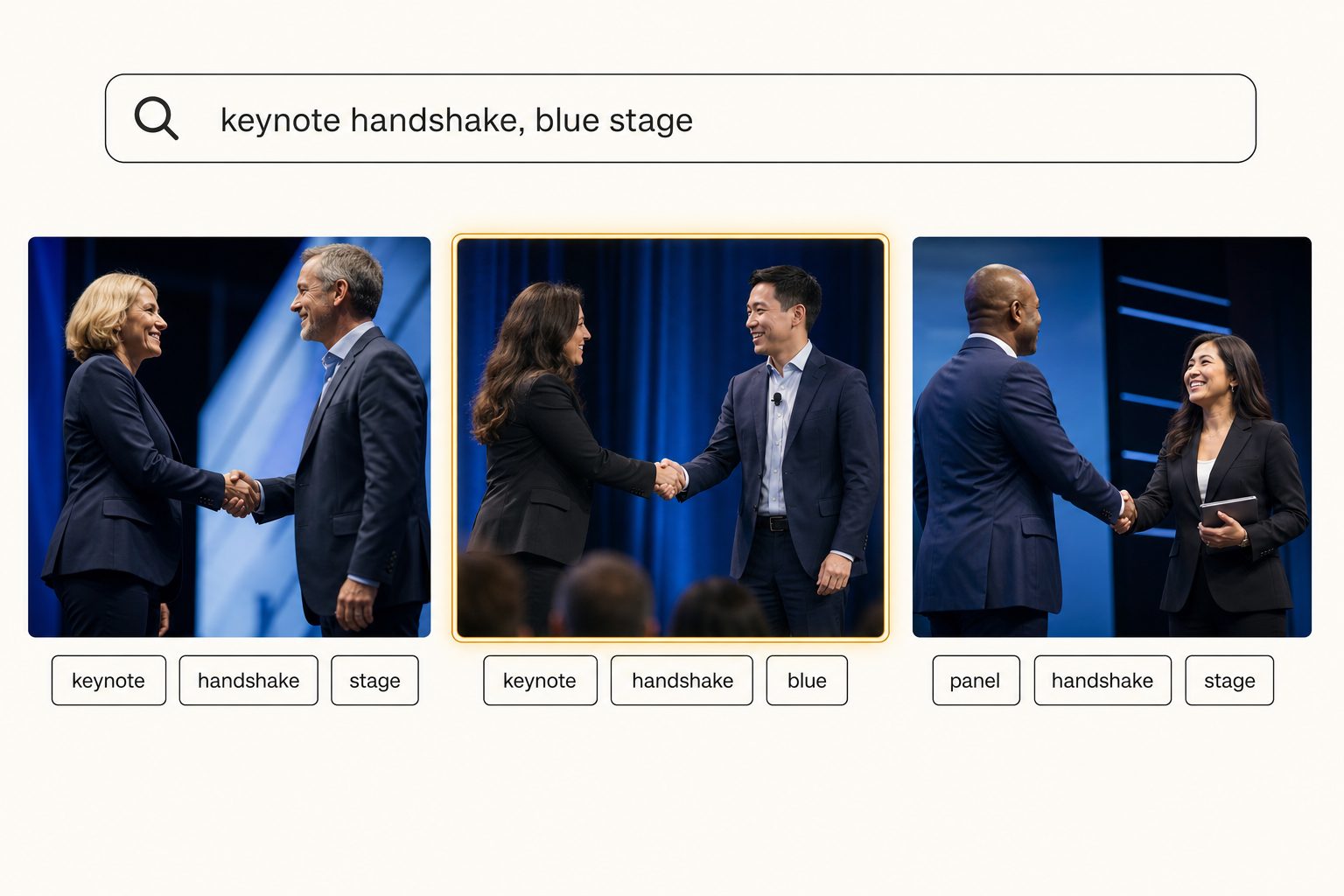 Product mockup of an event photo catalog with the search query "keynote handshake, blue stage" and three matching stage photo result cards carrying readable tag pills, the center card highlighted as the top match.