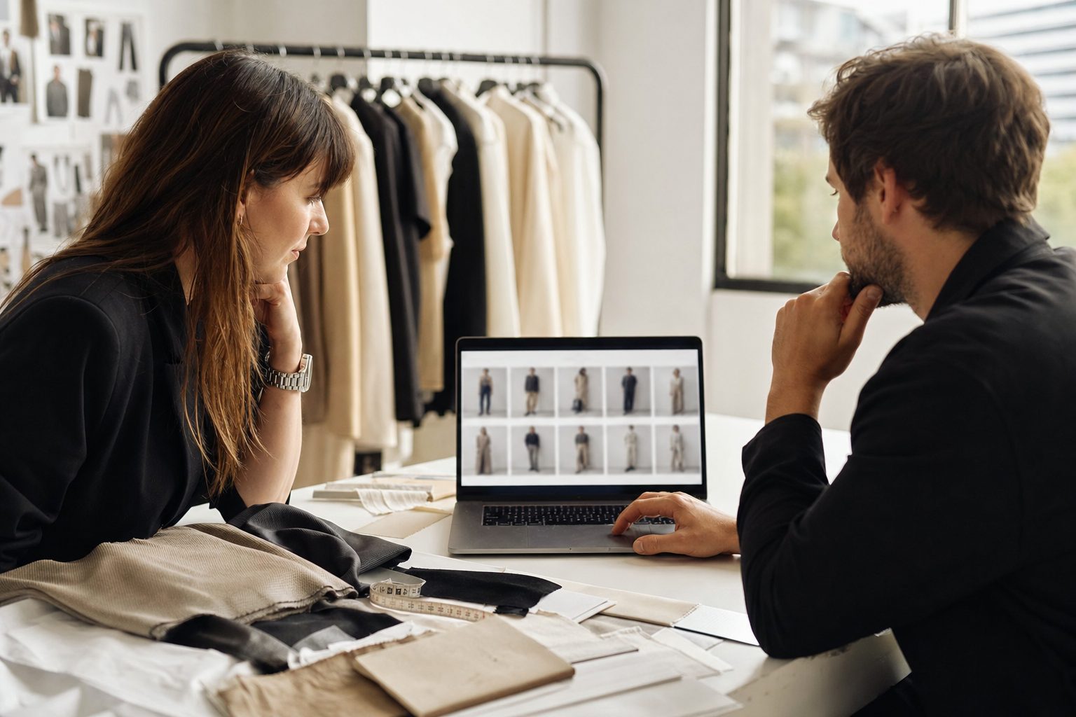A stylist reviews garment photos on a laptop beside a clothing rack, the raw material of a fashion brand photo catalog.