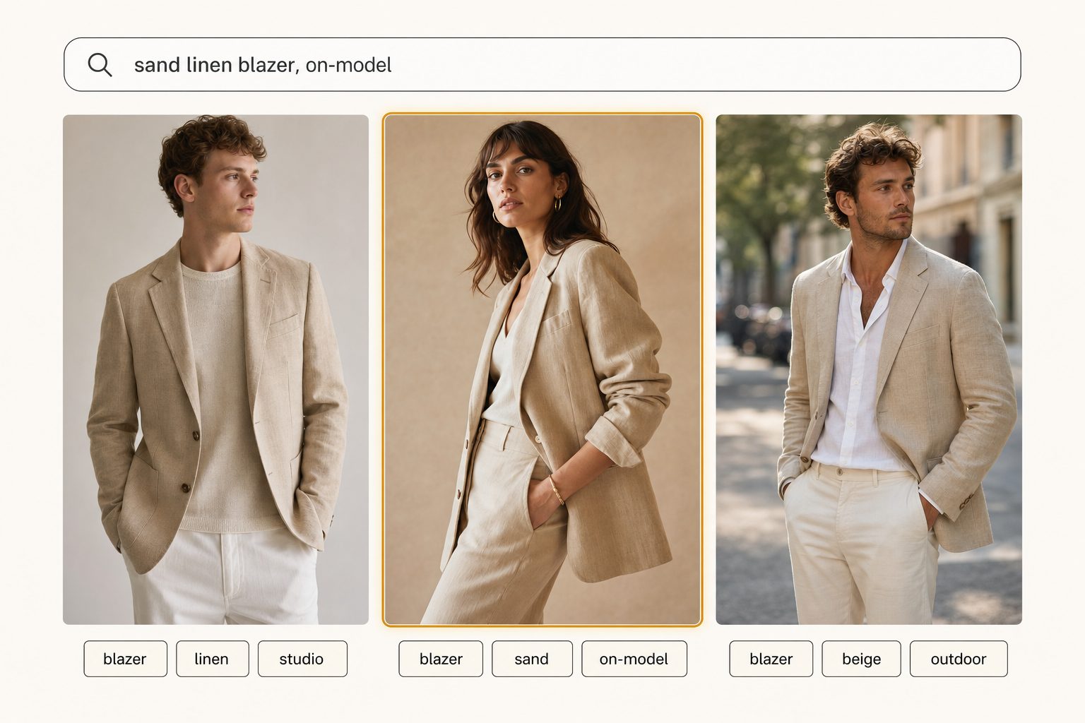 Product mockup of a fashion photo catalog searching "sand linen blazer, on-model" and returning three tagged on-model results, the center one highlighted.