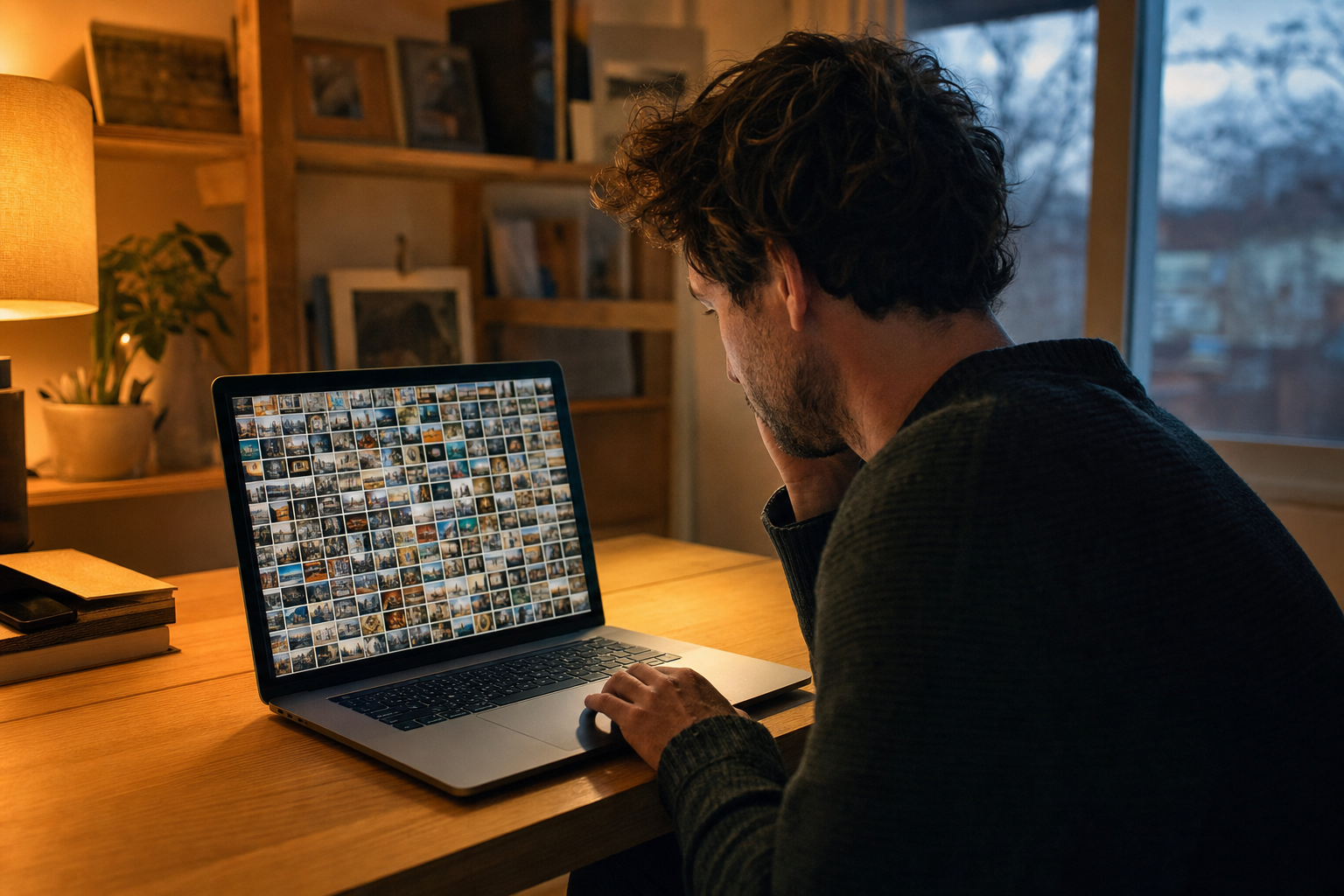 A person scrolling a large grid of photo thumbnails on a laptop, trying to find one photo they can't remember the name of.