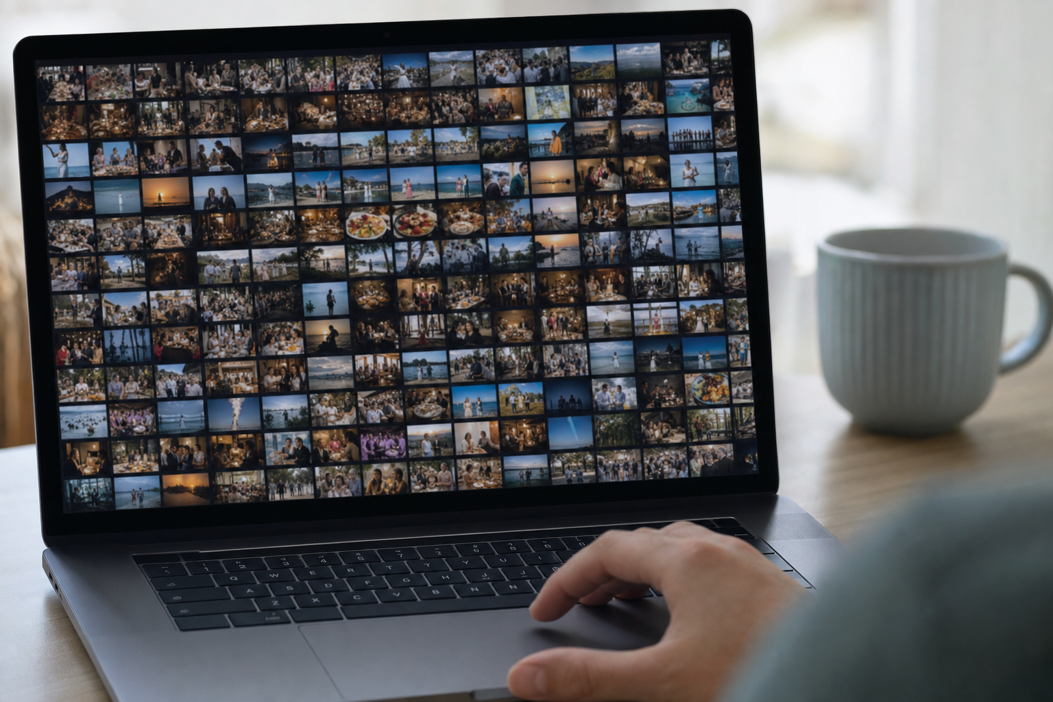 A person scrolling a large grid of photo thumbnails on a laptop, searching for one photo they can't remember the name of.