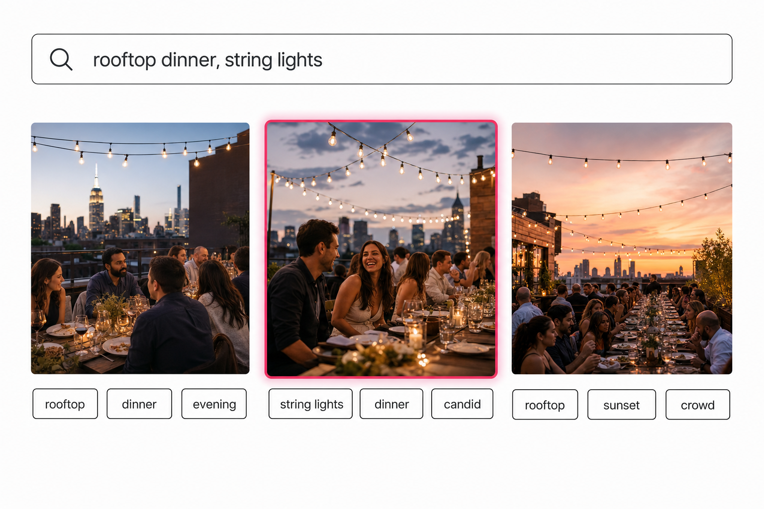 A photo search interface with the typed query "rooftop dinner, string lights" returning three evening dinner photos, the center result highlighted as the top match.