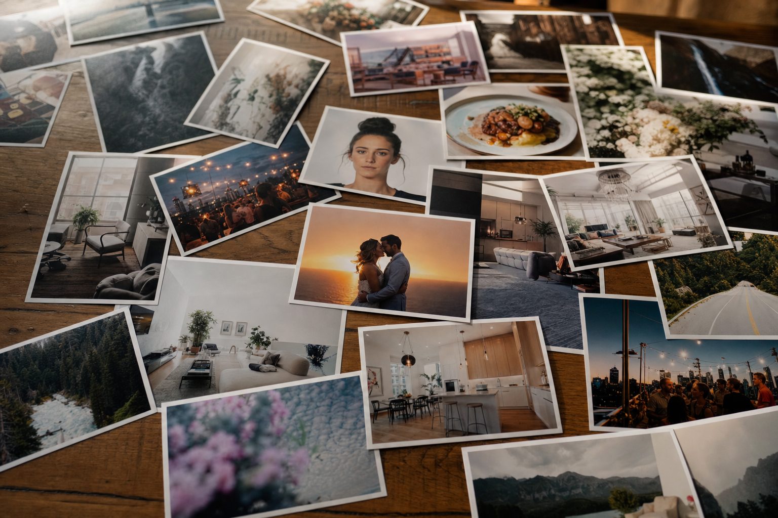 Dozens of printed photographs spread across a wooden table, suggesting a large photo library you can find any photo in.