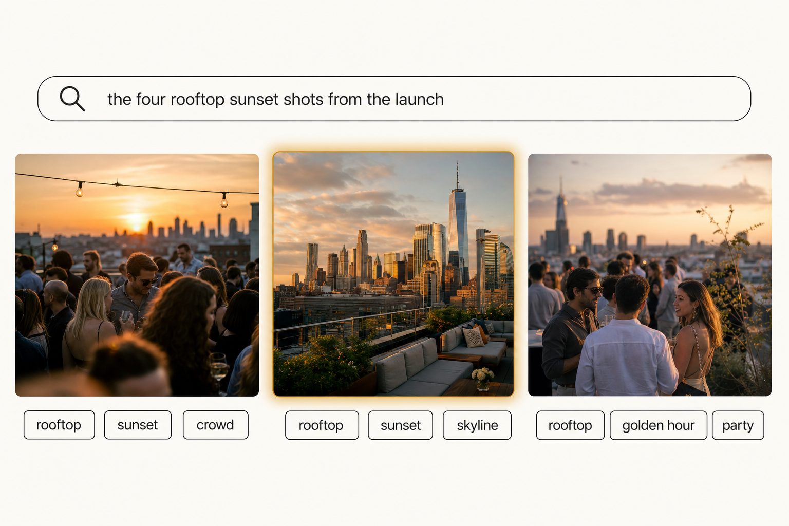 A photo search interface with the typed query "the four rooftop sunset shots from the launch" returning three rooftop party photos, the center result highlighted with an amber glow as the top match.