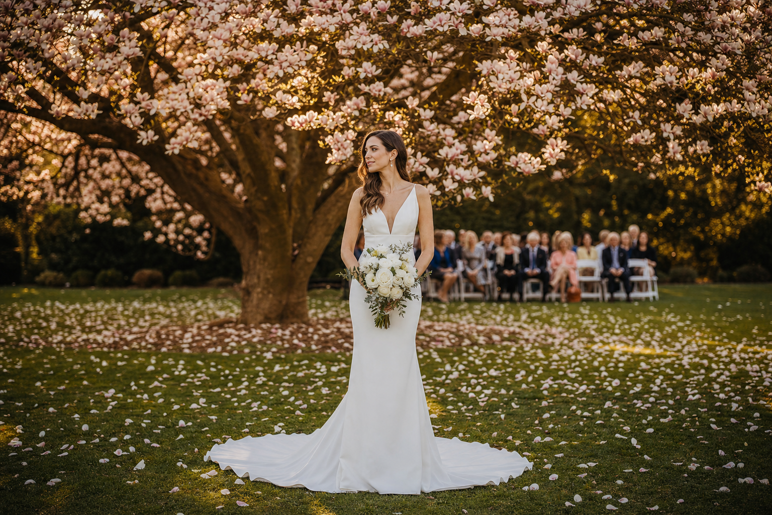 A bride under a flowering magnolia tree at golden hour, the clear focal subject of the frame, family seated softly behind.