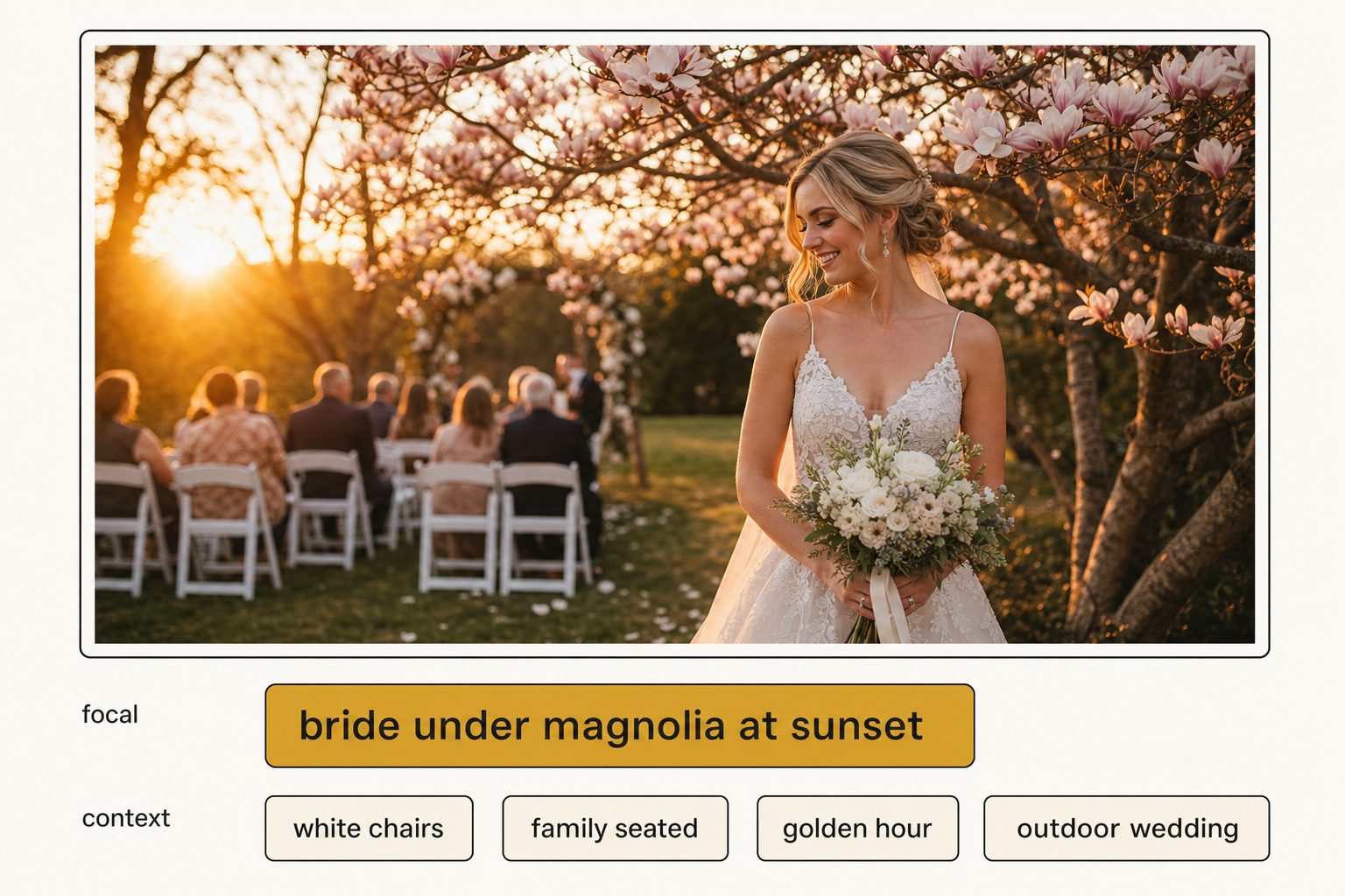 A product mockup of one wedding photo with a single bright amber focal-subject tag pill reading 'bride under magnolia at sunset' above several dimmer charcoal context tag pills.