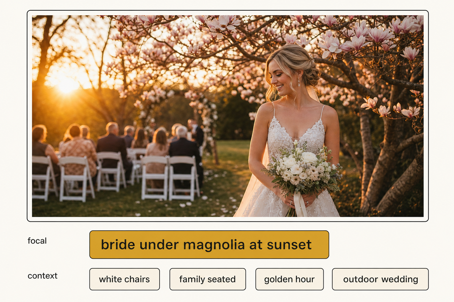 A product mockup of one wedding photo with a single bright amber focal-subject tag pill reading 'bride under magnolia at sunset' above several dimmer charcoal context tag pills.