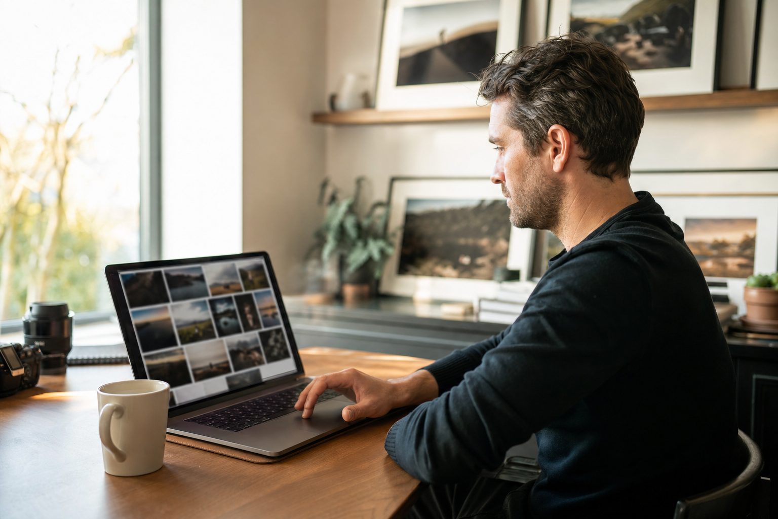 A photographer at a sunlit desk reviewing a large photo library on a laptop, weighing free AI photo tagging options.